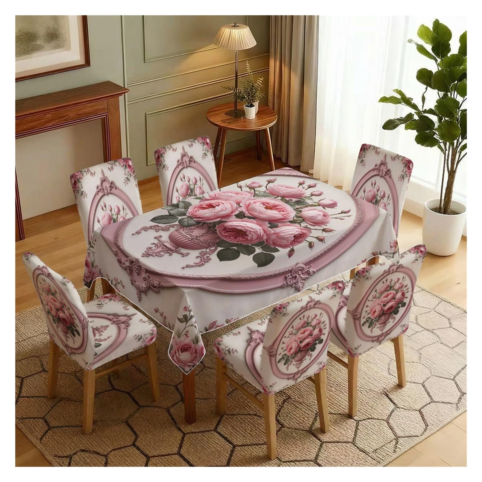BOSUYBN Off White Base Pink Rose Bouquet Floral Print Dining Tablecloth & Chair Covers Set, 5/7 Piece Romantic Vintage Cottage Dining Decor Table Setting(7pcs Set: Tablecloth+Chair Covers)