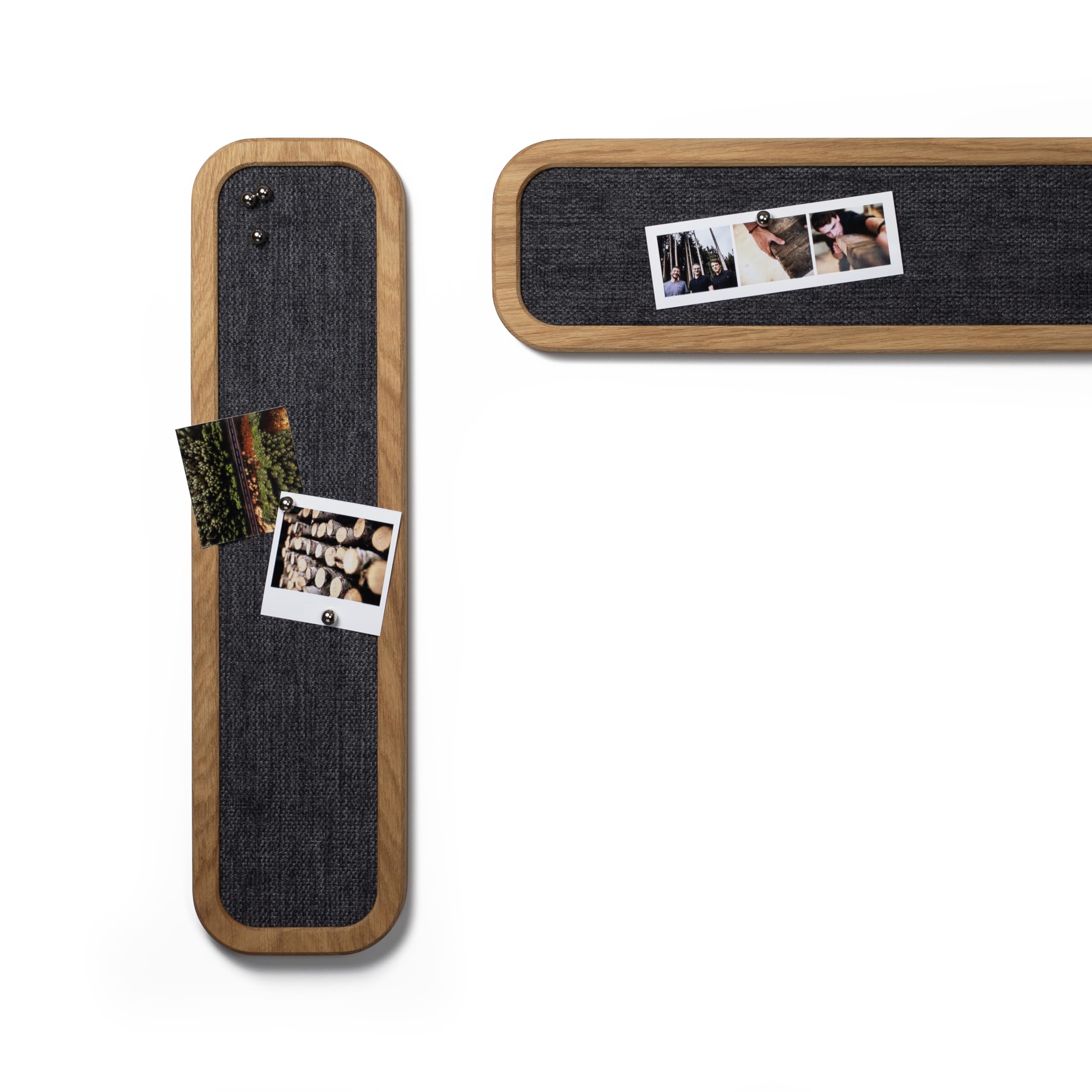 Magnet Pinnwand aus massivem Eichenholz 50x13 cm – Stoffbespannt in Anthrazit mit Magnetischer Rückwand – Wanddeko & Memoboard inkl. 5 Magnetkugeln & Befestigung – Handgemacht von WOODS