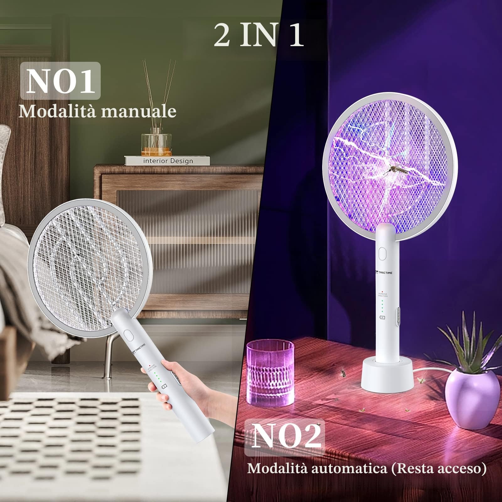 2-in-1 Racchetta Zanzare Elettrica, 2X 4000V Racchetta Antizanzare, USB Base di Ricaricabile, e Lampada UV, Protezione Maglia a 3 Strati, Adatto per Casa, Giardino, Interni ed Esterni