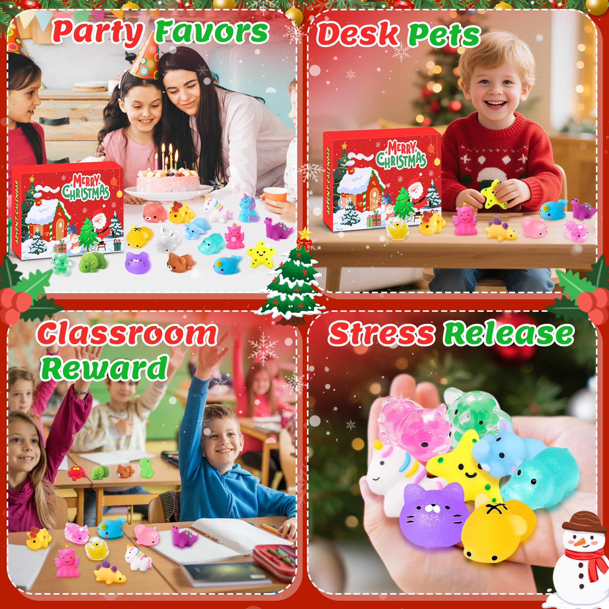 Calendrier De L’Avent Squishy Kawaii – 24 Jouets Mochi Souples – Dinosaures, Licornes, Animaux Mignons – Anti-stress, Cadeau De Noël Pour Enfants
