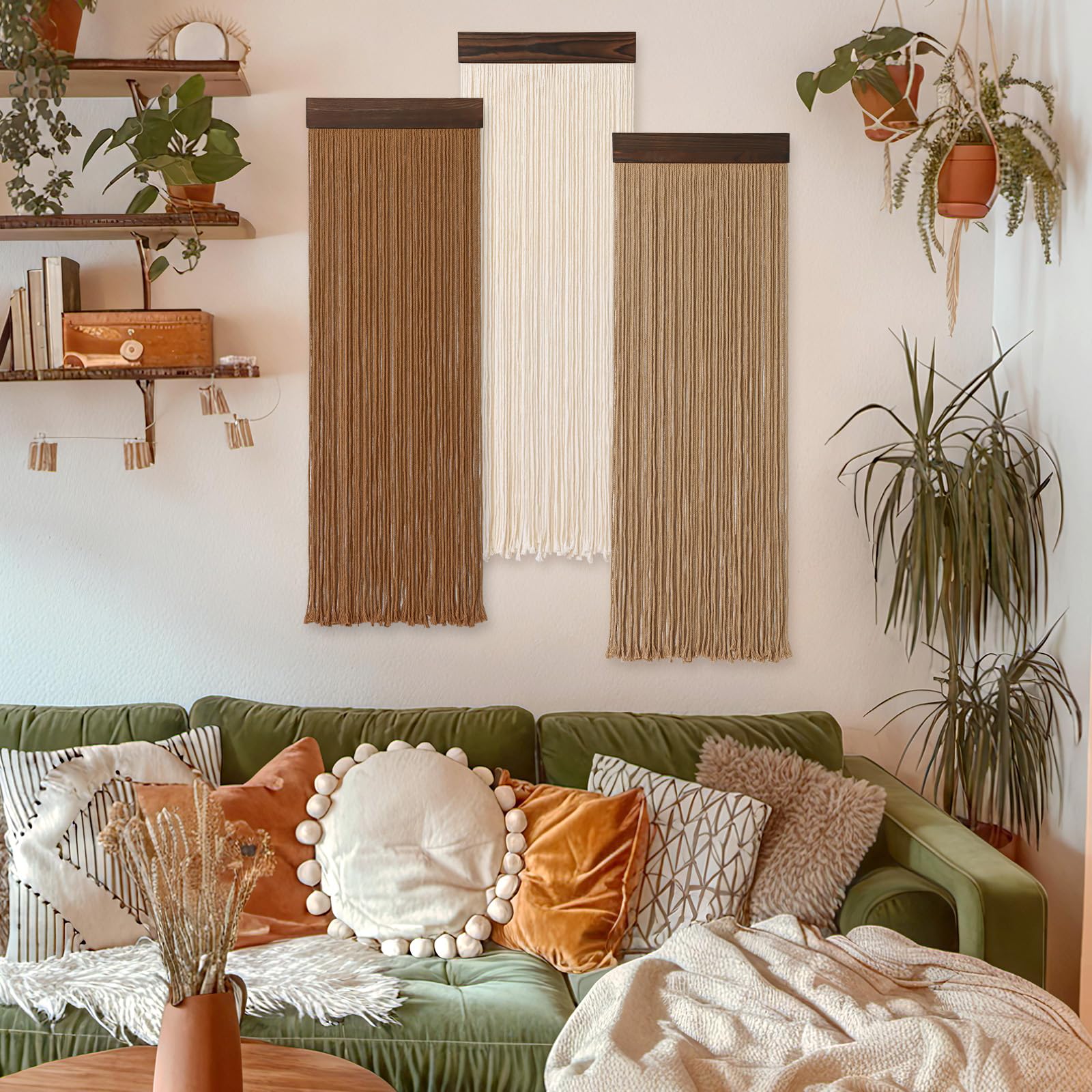Weldomcor 3 piezas de hilo de macramé boho chic decoración del hogar, 30 x 92 cm, borlas, tapiz moderno hecho a mano, gran decoración de pared para salón, dormitorio, habitación de los niños