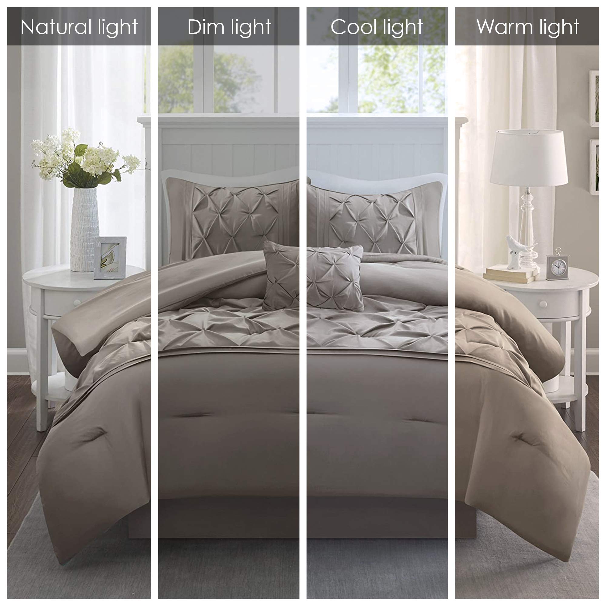 Amazon Com Comfort Spaces Cavoy Comforter Set Luxe Diamond Tufting All Season Bedding Matching Bed Skirt Decorative Pillows Queen Faux Silk Taupe 5 Piece Home Kitchen