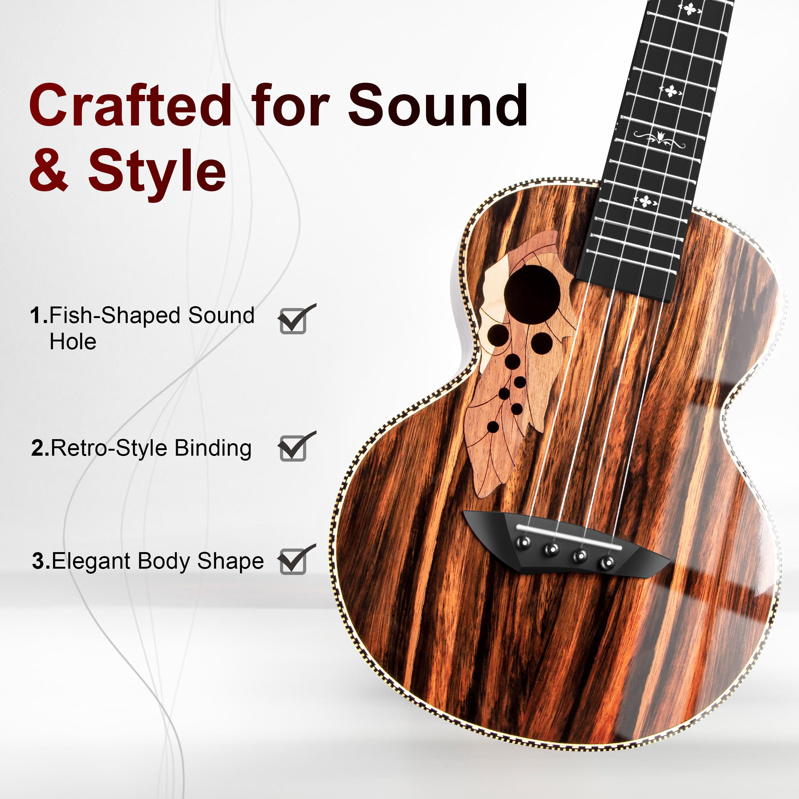 Caramel CAG94 Glossy Black Ebony 23" Concert Ukulele for Beginner | Handmade Ukelele Starter Kit