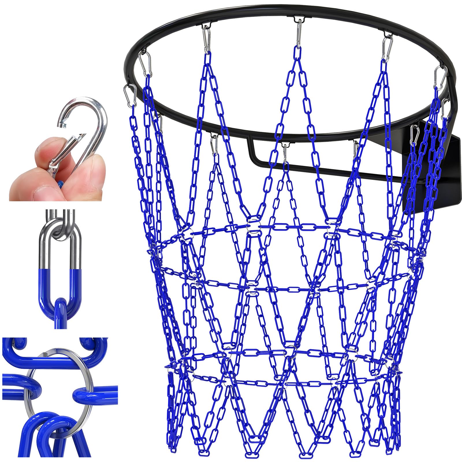 Insaga Red de baloncesto de cadena de metal resistente, red de cadena de baloncesto de 19 pulgadas para aro de repuesto para interiores y exteriores, red de cadena de acero inoxidable para borde