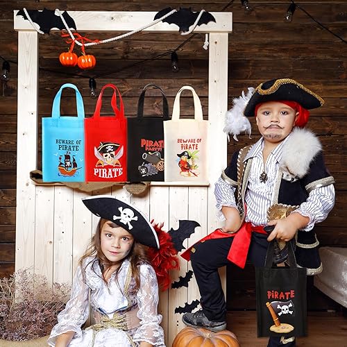 Miniatura 6 de Hosuly 24 bolsas de recuerdo de fiesta de pirata, suministros de fiesta de cumpleaños pirata, bolsas temáticas con asas para regalo de golosinas,