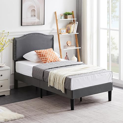 Miniatura 3 de VECELO Base de cama tamaño individual, base de cama de plataforma con cabecera tapizada de altura ajustable, marco resistente y fuerte soporte de