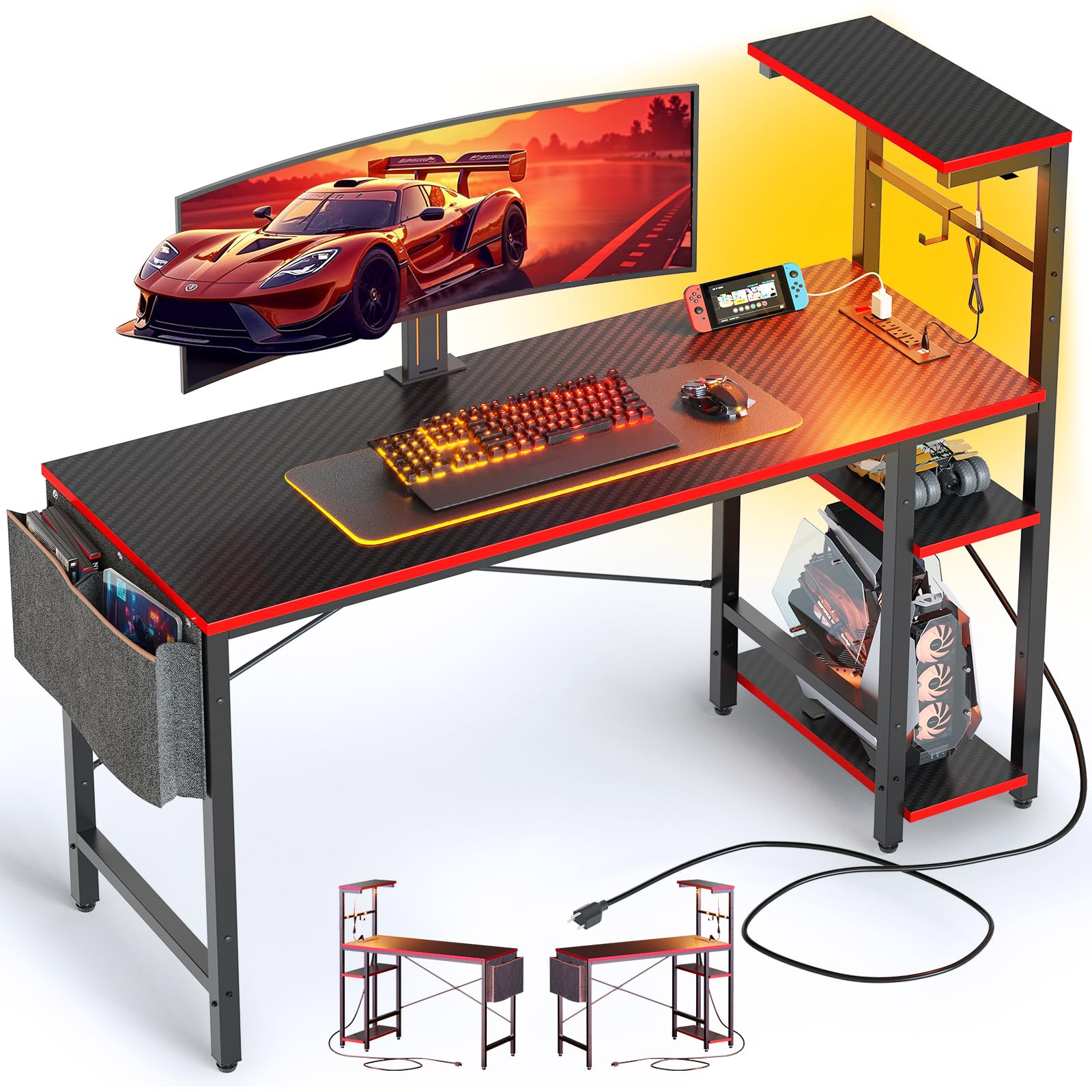 Bestier Gaming Desk with Power Outlets, 44 Inch Led Gamer Desk with 4 Tiers Reversible Shelves, PC Gaming Table with Headset Hook & Side Storage Bag for Bedroom (Black 3D Carbon Fiber)