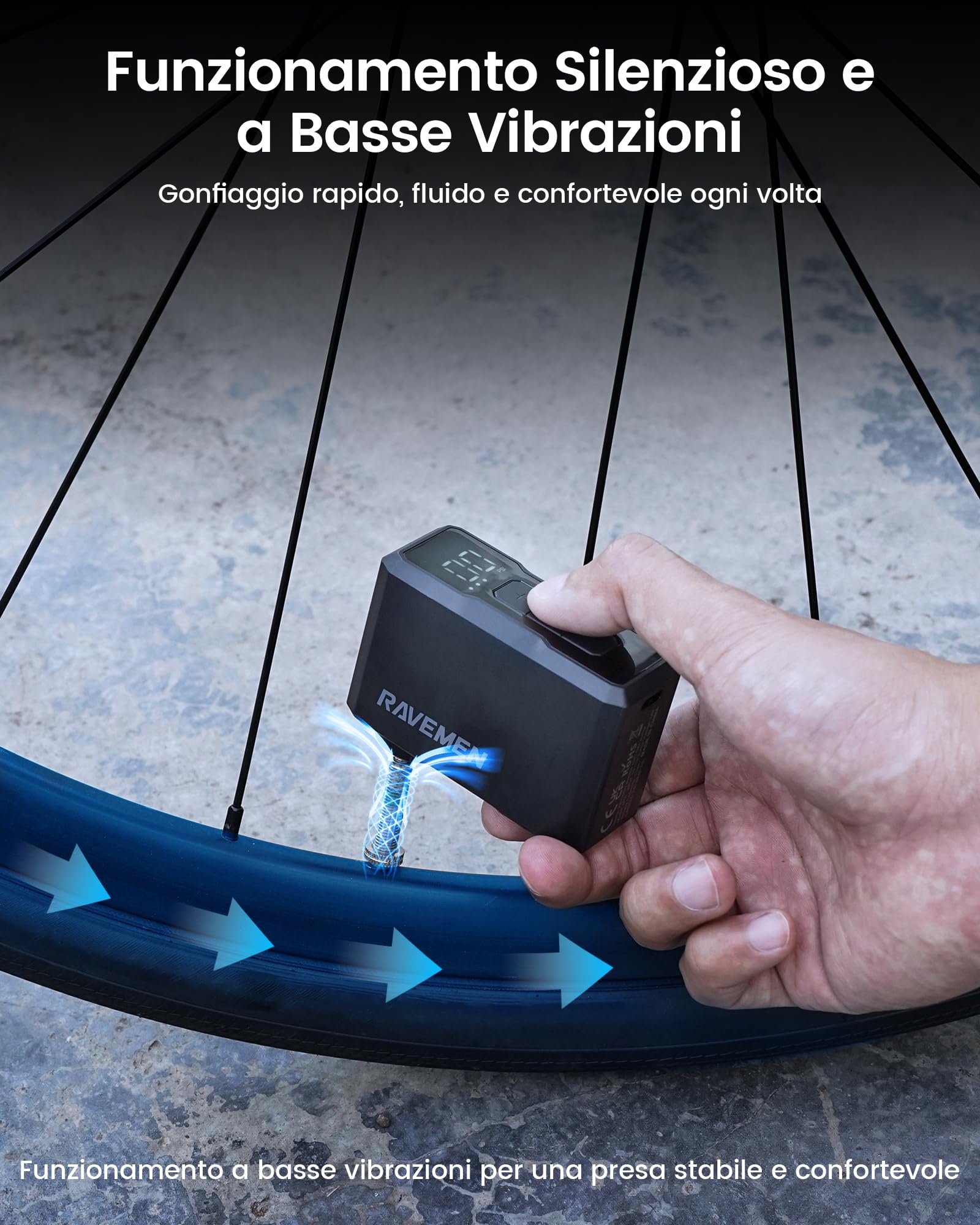 RAVEMEN EP01 Mini Pompa Elettrica per Bicicletta, Massima 120 PSI con manometro Portatile Pompa Arresto Automatico, Compatibile con Presta e Schrader Valvole per Bici da Strada e MTB, E-BIKE