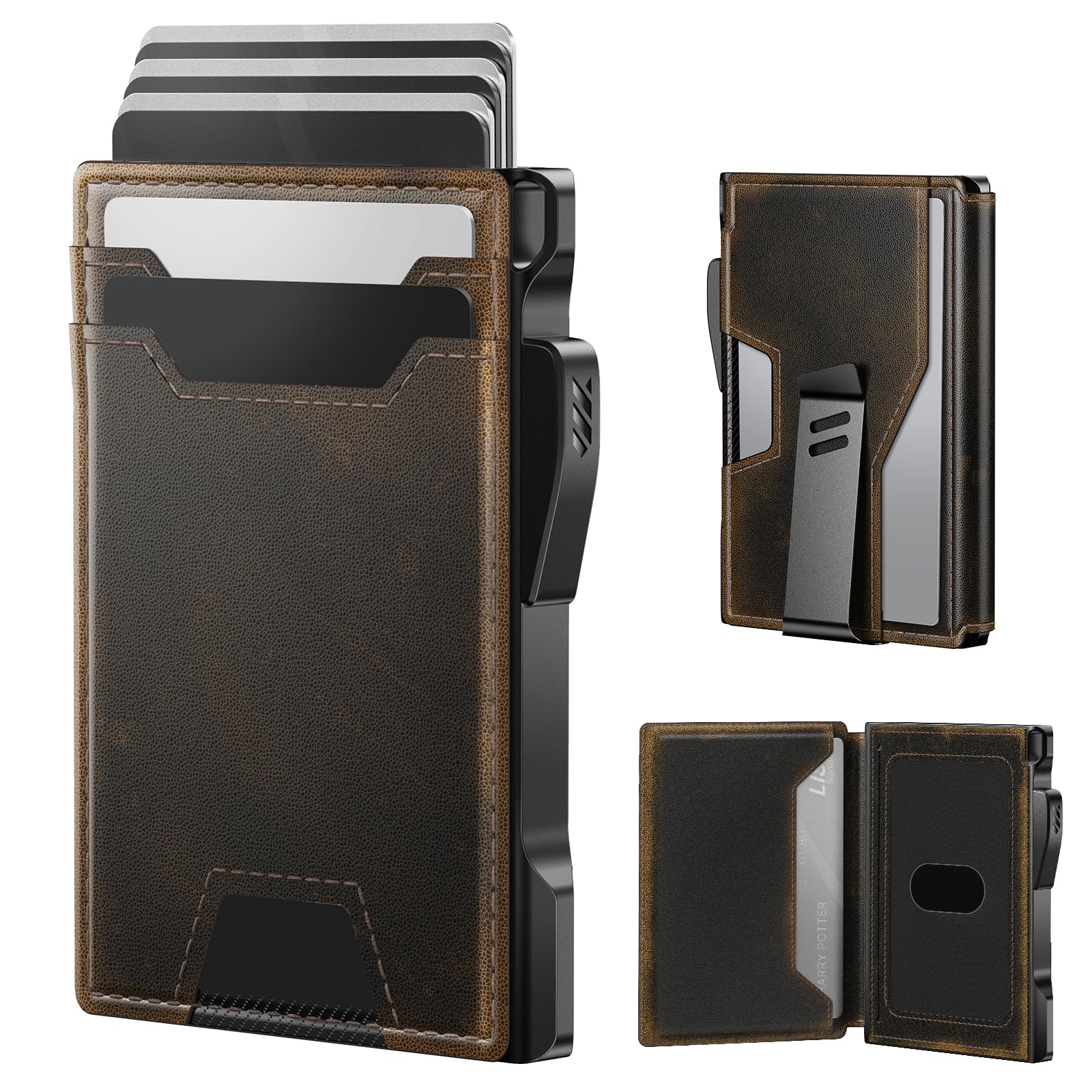 Wallet for Men: Rfid-blocking with Money Clip Slim Leather Bifold ID Window Smart Pop Up Card Case Front Pocket Wallet with Gift Box, Burnished Black, Ultra-slim, Standard Wallet