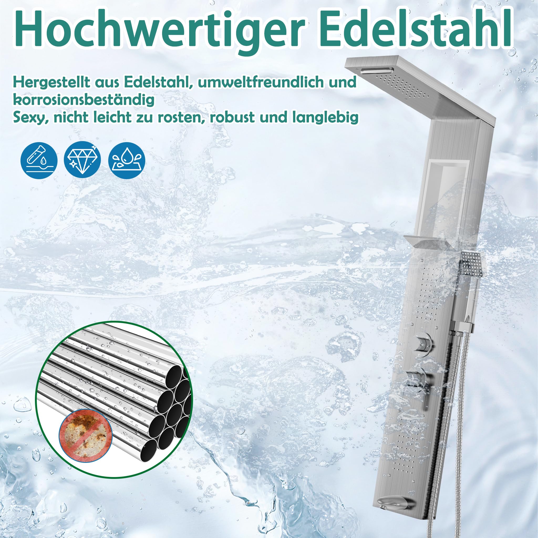 Aufun Duschpaneel aus Edelstahl mit Ablage und Armatur Duschpaneelsystem | 5 Funktionen Duschsäule mit Regendusche, Verstellbare Massagedüsen, Handbrause und Wanneneinlauf, Duscharmatur (Silber)