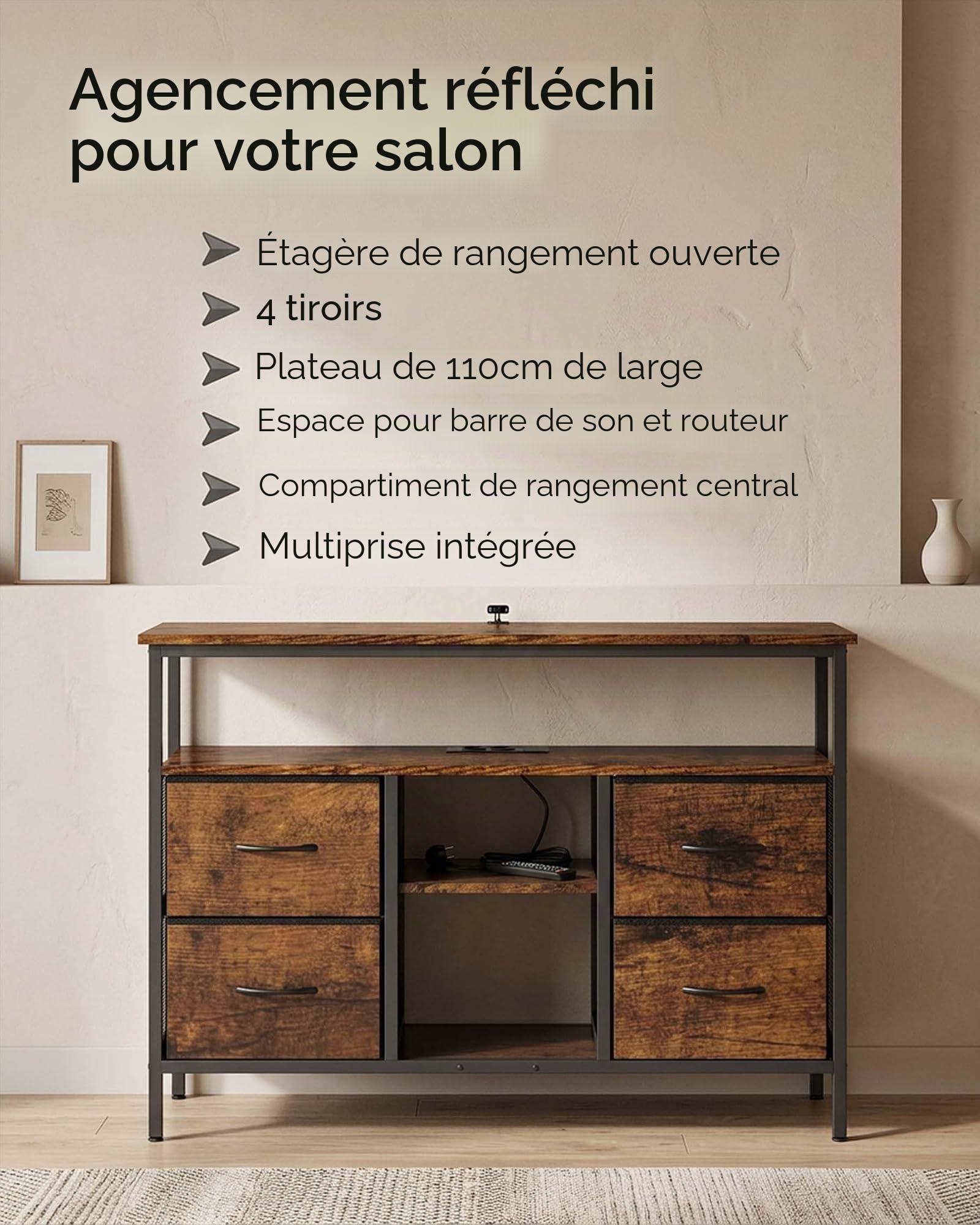 Meuble TV LED Meuble Télé Industriel Noir et Bois 110×30×78cm | PRISES ET RANGEMENT Deux prises et deux ports USB avec câble d’alimentation plus 4 tiroirs en tissu pour un usage quotidien