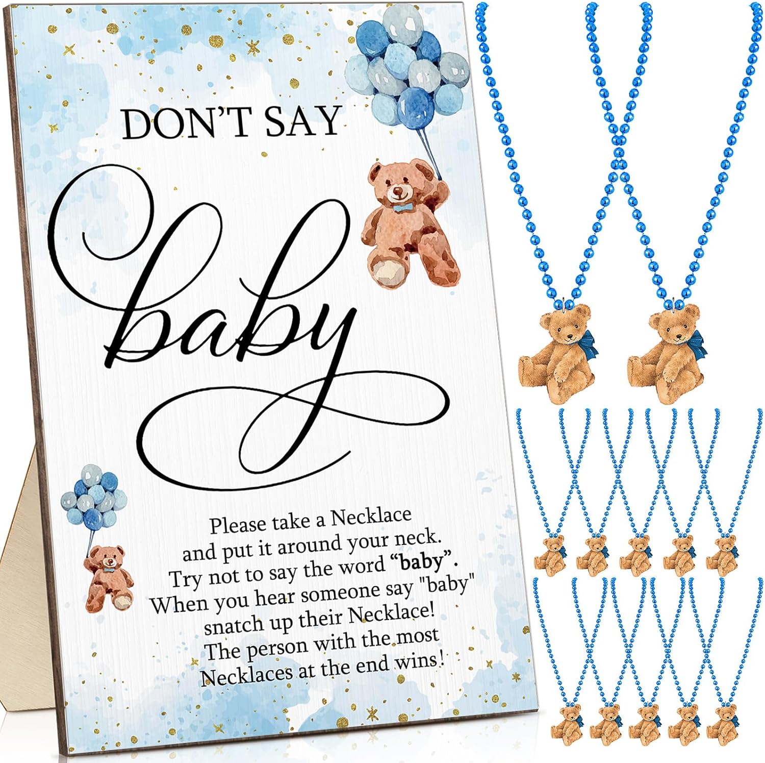 Roowest 51 Pcs Don't Say Baby Shower Game Wooden Bear Sign Table Decor Gift Sets 50 Bear Necklaces for Baby Shower Gender Reveal Games Party Favor(Blue)