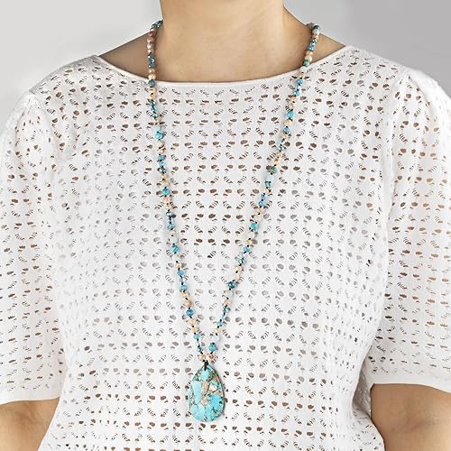 Miniatura 6 de Collares largos para mujer, bohemios, dije ovalado de turquesa con forma de gota de agua, cuentas de piedra natural, hecho a mano, vintage y