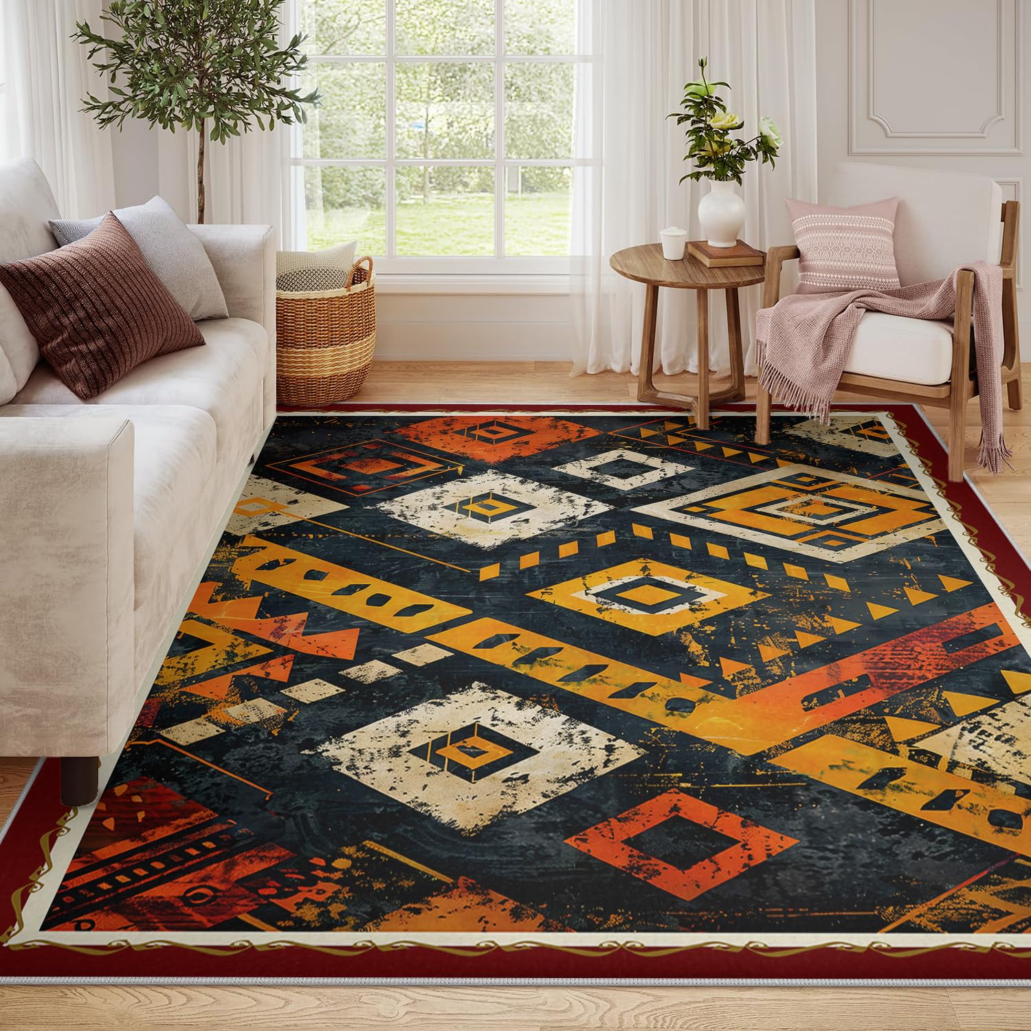 Tappeto tribale nativo americano colorato geometrico azteco retrò tappeto invecchiato lavabile antiscivolo e morbido tappeti di grandi dimensioni per l'arredamento casa dell'ufficio 100x150cm