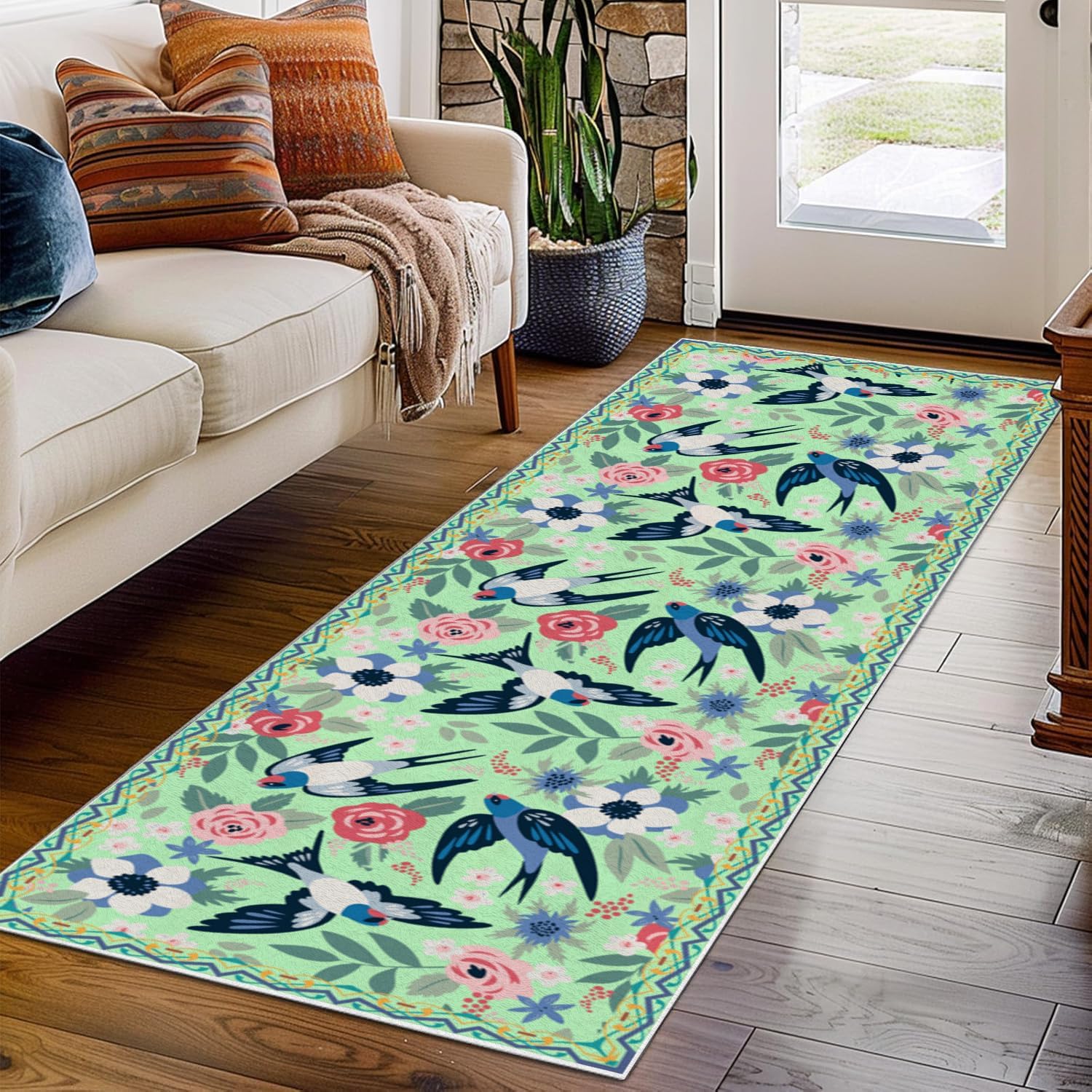 Botanical Floral Runner Rug 2x3ft,Peony Birds Green Carpet for Hallways Non Slip,Soft Low Pile Boho Flower Bird Entryway Runner,Thin Washable Rugs,Stain-Resistan Kitchen Mats for Floor Bedrooms