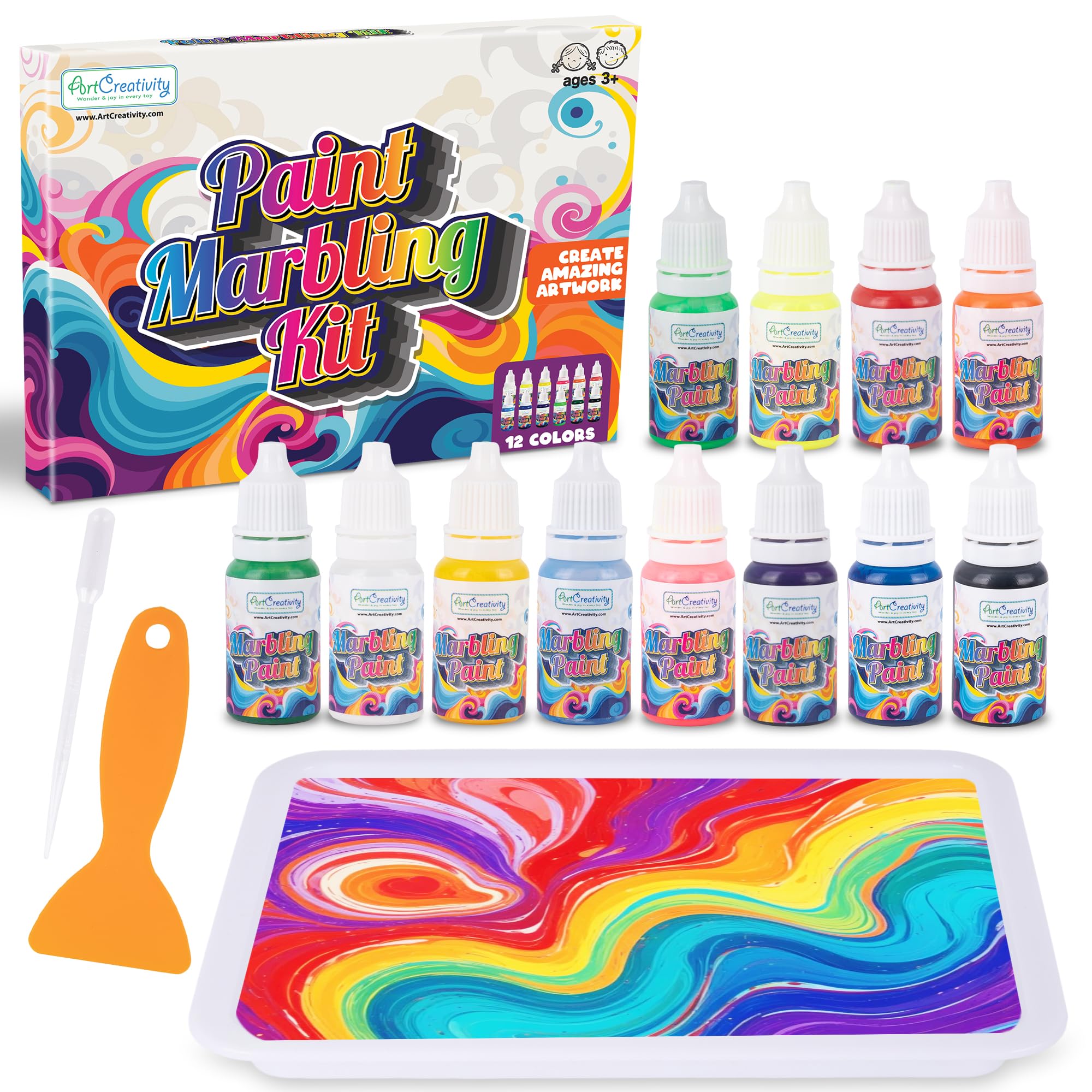 ArtCreativity Water Marbling Paint Art Kit for Kids - Complete Set with 12 Paint Colors, 10 Bags Thickening Powder, 10 A5 Papers, and More - Marble Art Painting Kit - Crafts for Kids Ages 3 and Up
