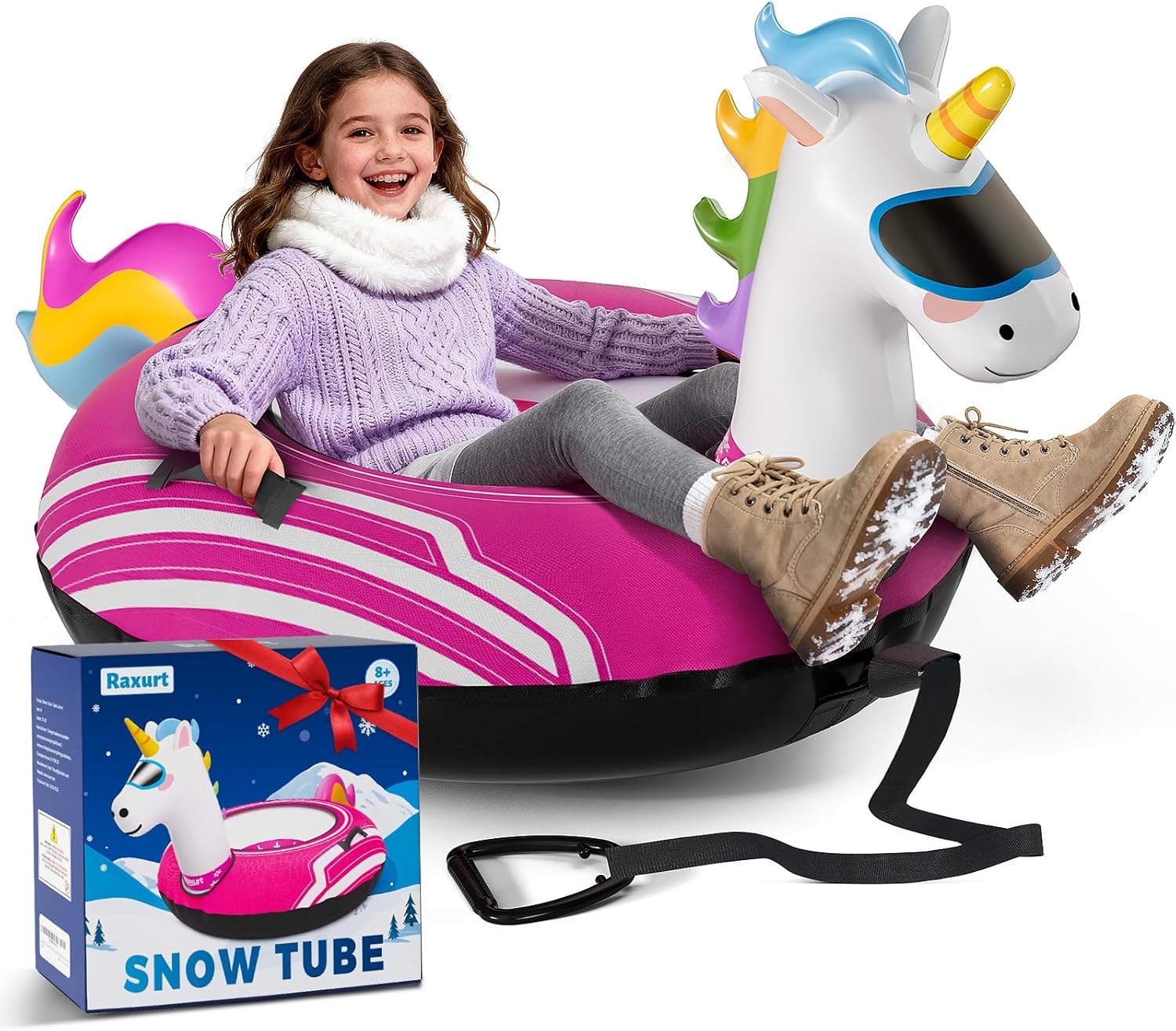 Raxurt Unicorn Inflatable Snow Tube Sled, 48'' Heavy Duty Snow Tubes for Sledding with Premium Canvas Cover for Kids Adults, Snow Sleds Winter Outdoor Fun Toys for Children Boys Girls