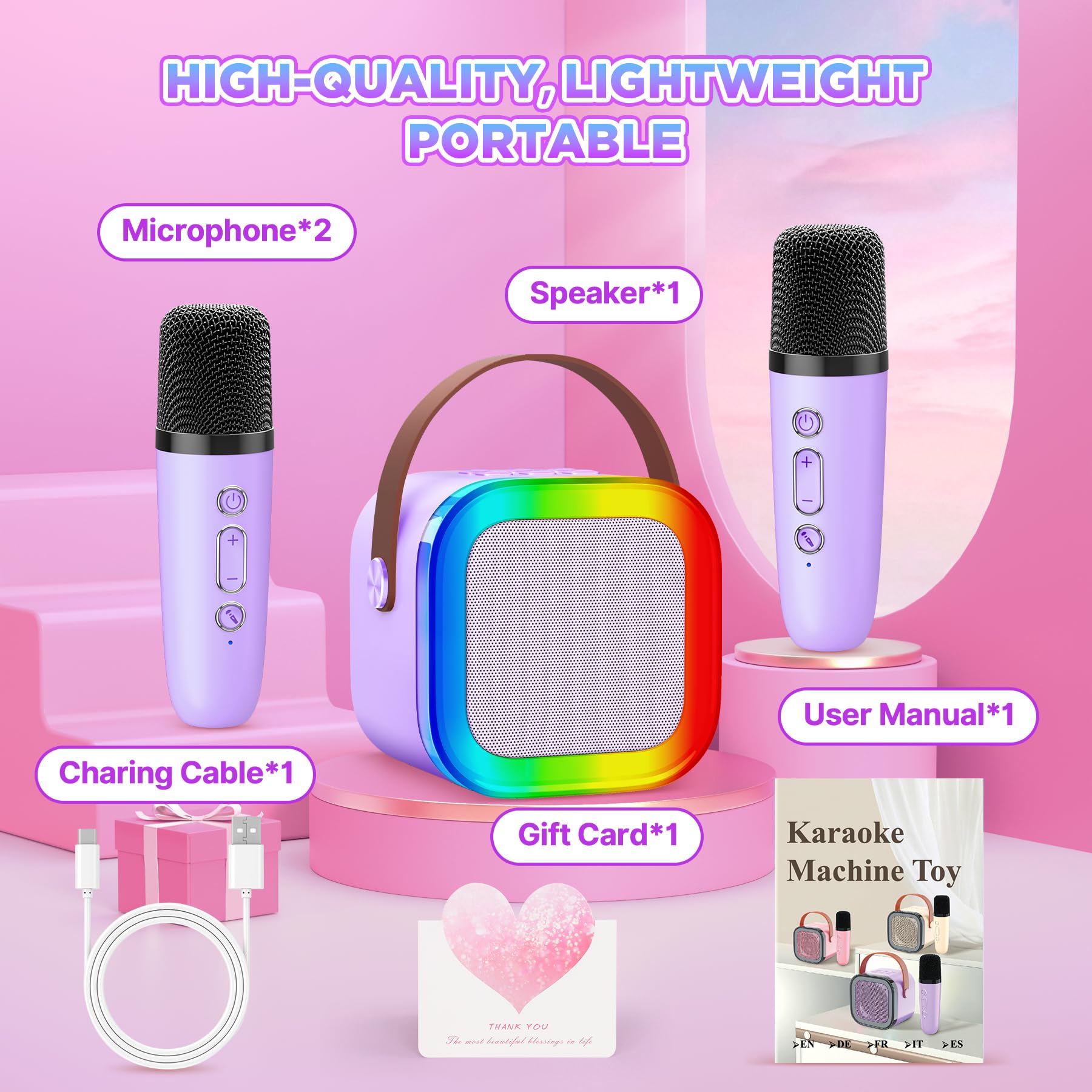 Gontence Karaoke con 2 Microfono Bambini - Macchina Musicale con Luce LED - Regalo per Bambine 3-12 Anni - Giocattolo Giochi Bambina 3-12 Anni -Mini Microfono Viola per Karaoke