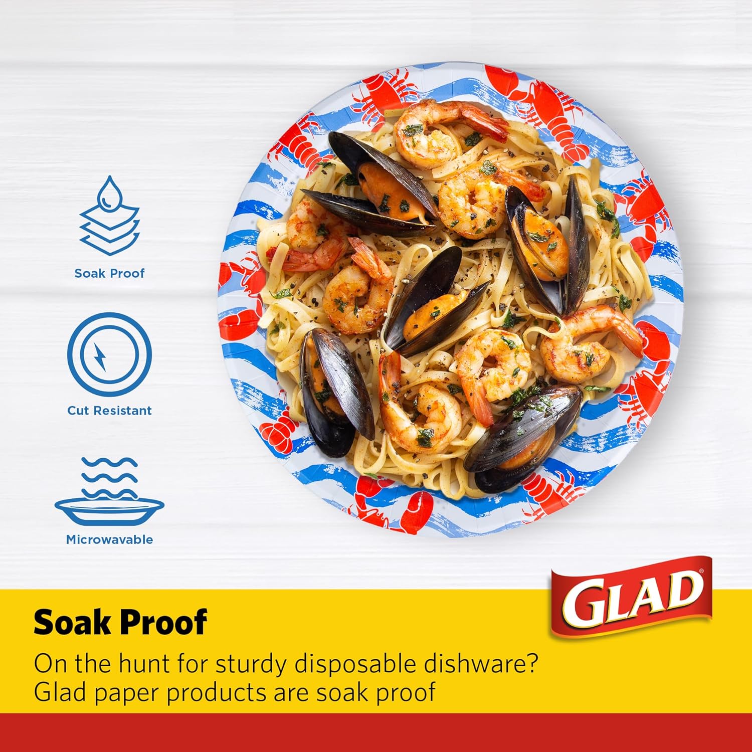 Glad Round Disposable Paper Plates, Lobster Waves Pattern - Strong, Sturdy, Soak Proof, and Microwavable Decorative Plates for Dinner and Everyday Use, 10 Inch, 50 Count - Image 3
