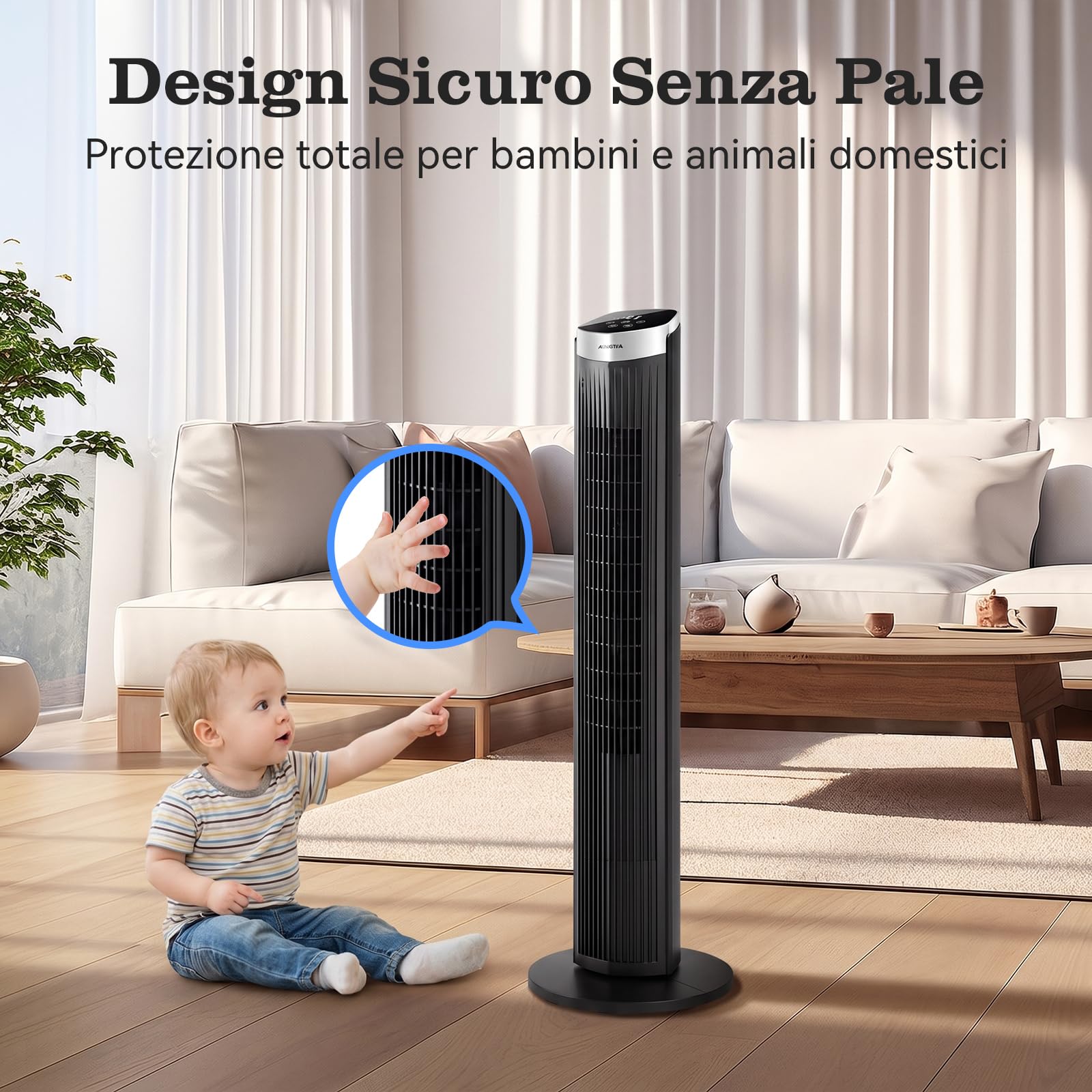 Aigostar Ventilatore a Torre Silenzioso con Telecomando e Timer 12H, 3 Modalità (Normale/Naturale/Sleep), 3 Velocità Regolabili, Oscillazione, LED Display, 28 dB, Portata Aria 1752m³/h, Nero *2