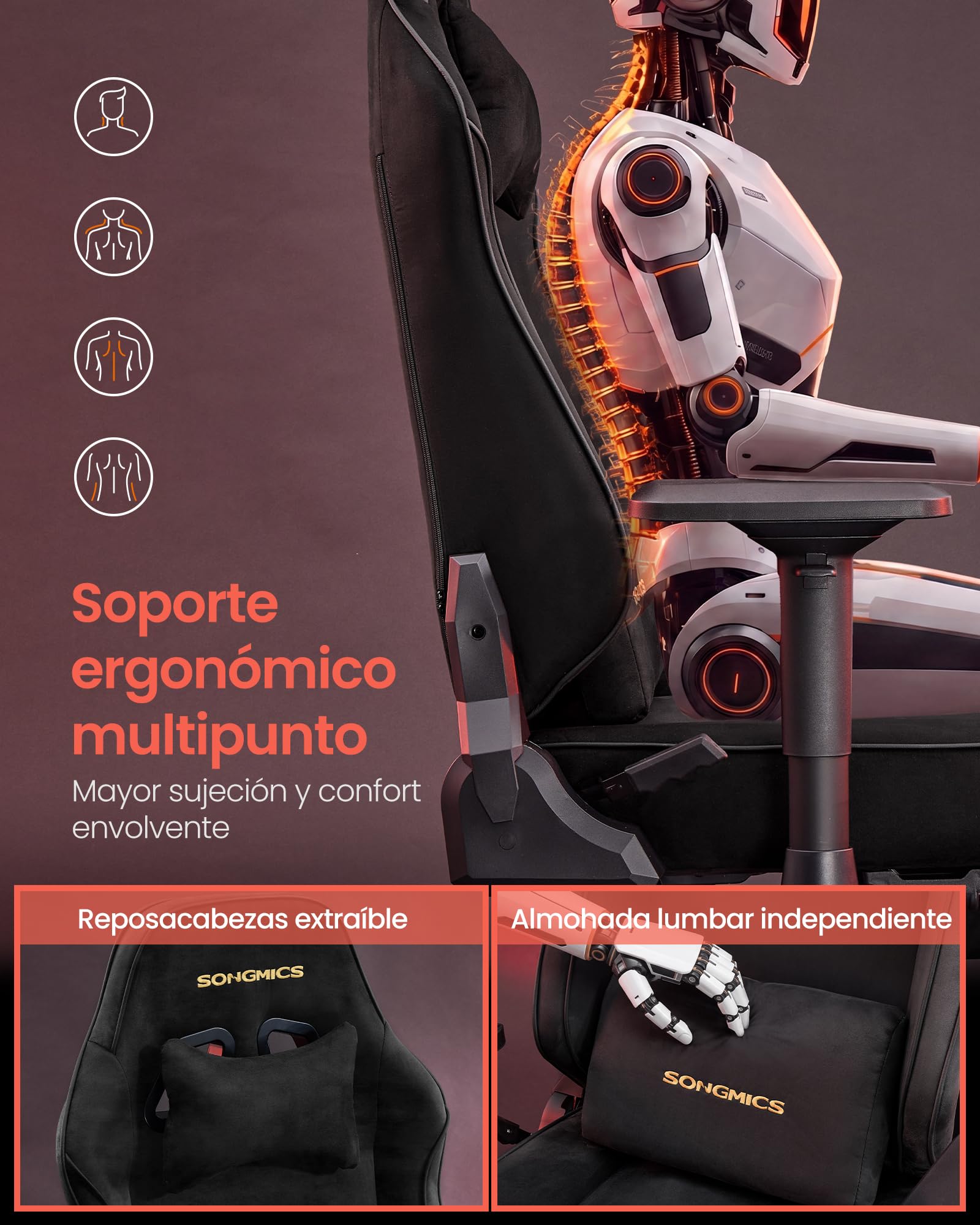 SONGMICS Silla Gaming Ergonómica de Escritorio, Tela de Ante, hasta 200 kg | Con Reposapiés, Reposabrazos 4D, Reclinable, 72 x 72 x (125-135) cm, Negro Tinta, Colección CATHY OBG095BH01
