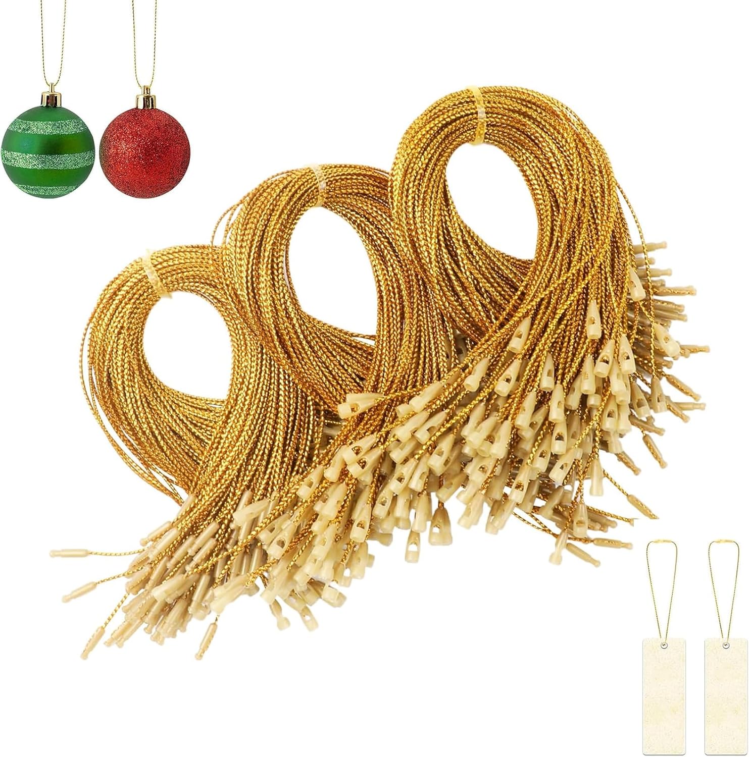 300Pcs Christmas Ornaments Hanger String, Gold Ribbon Ornament Hook Ropes Precut String, with Snaps Locking, for Xmas Ornament Hanging Decorations