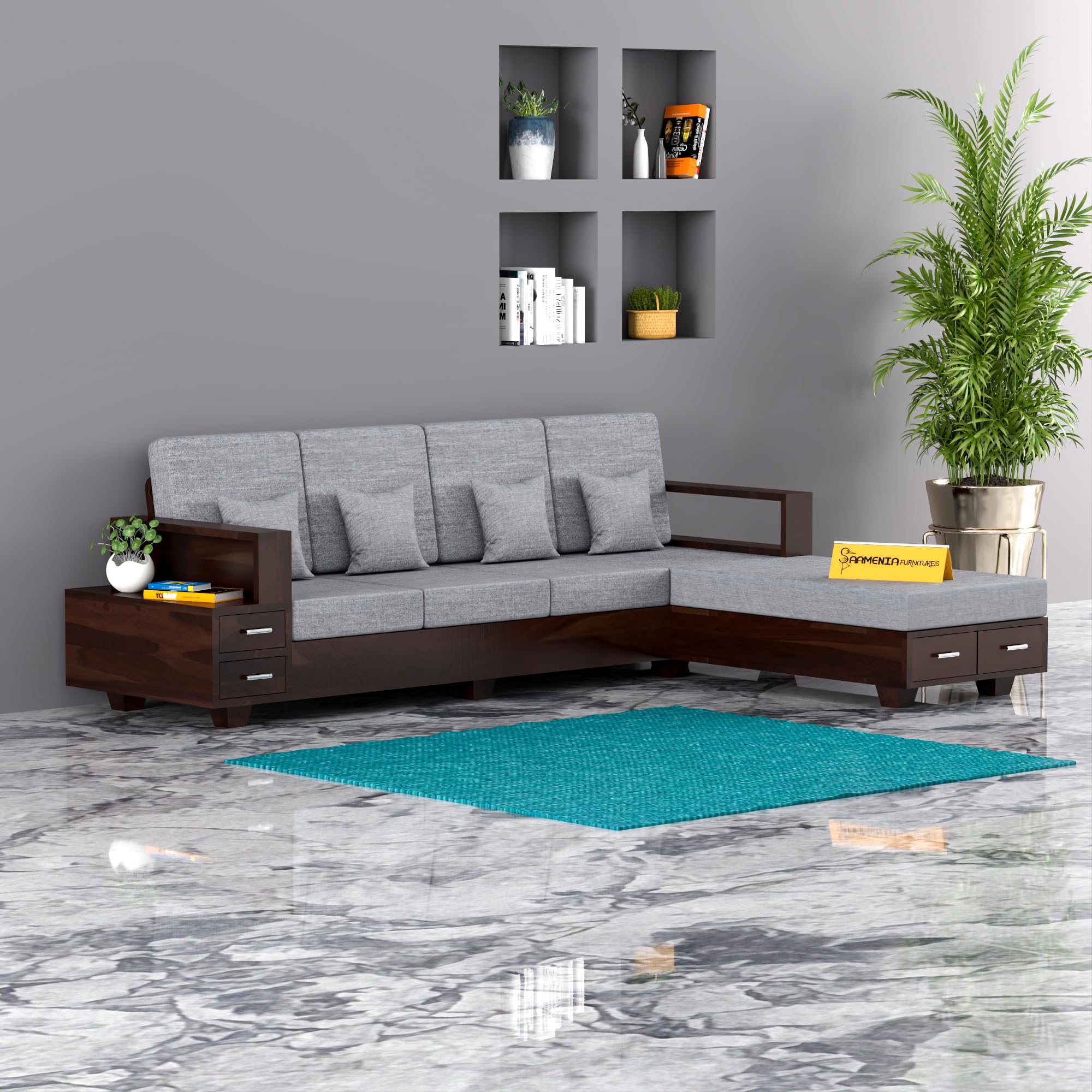 NEW MAMTA CRAFT Sheesham Wooden 5 Seater L- Shape Sofa for Living Room | Solid Wood Sofa with Side Box Storage & Cushion | Rosewood Sofa Set for Home & Office | Lounge (Walnut Finish, 5 Seater)-image-24