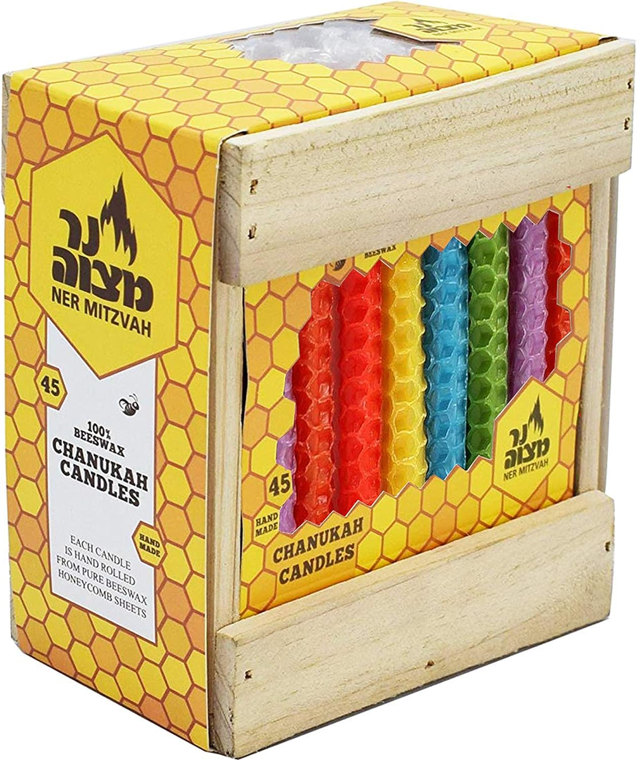 Ner Mitzvah Honeycomb Chanukah Beeswax Candles - Standard Size Candle Fits Most Menorahs - Premium Quality Pure Bees Wax - Colorful Assortment - 45 Count for All 8 Nights of Hanukkah
