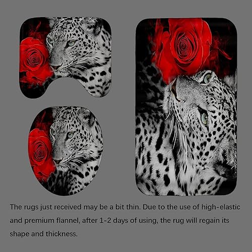 Miniatura 4 de Juego de 4 cortinas de ducha con diseño de leopardo y rosa roja, elegante guepardo blanco y negro, para el día de San Valentín, romántico, floral,