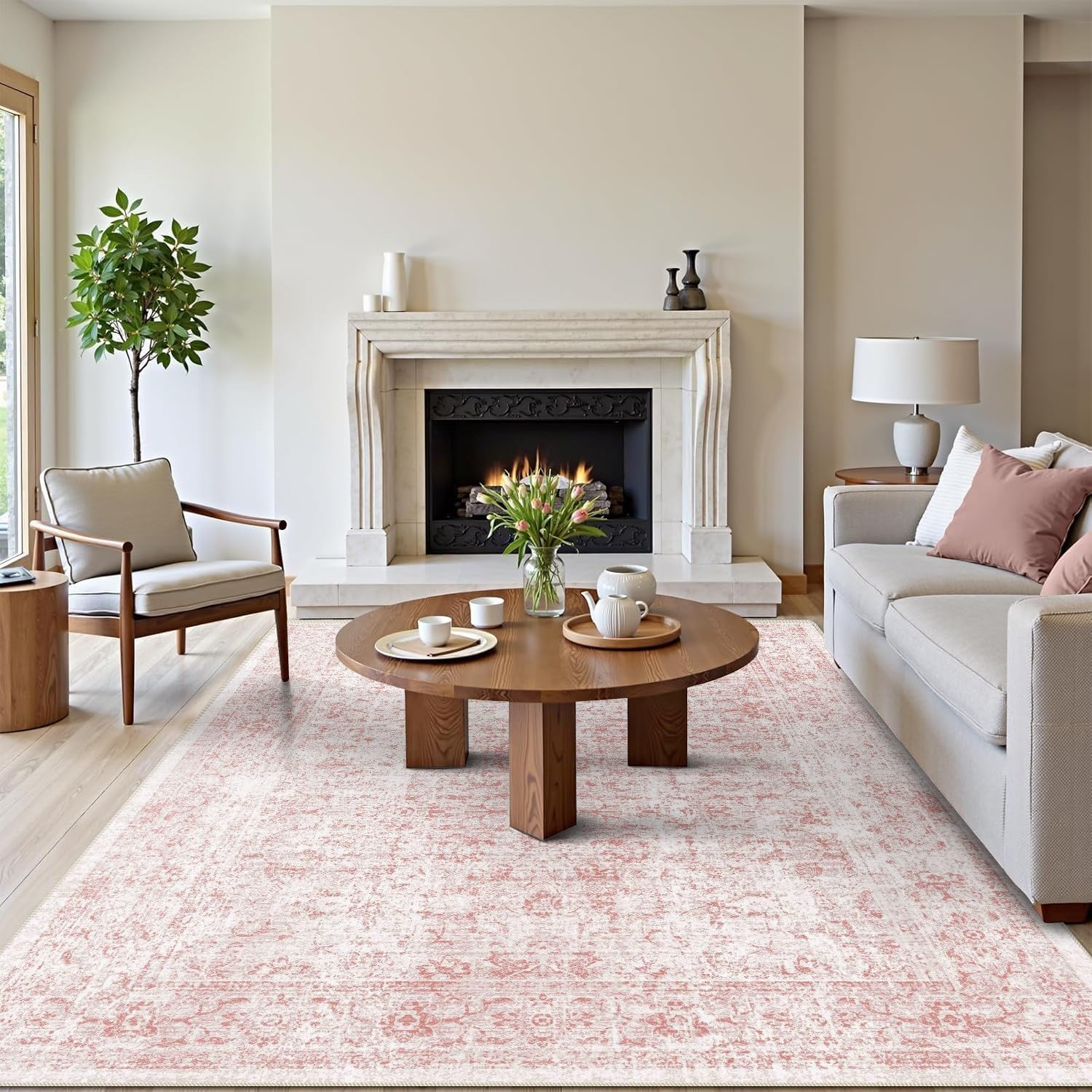 3x5 rug, small area rug for living room, bedroom, kitchen, machine washable non-slip throw rug, vintage distressed floral carpet for entryway nursery dinner room - durable (pink) accent | pink 3' x 5' (rectangular)