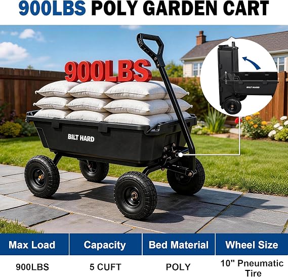 BILT HARD 900 lbs Poly Garden Dump Cart, 5 Cu.Ft Wheelbarrow Cart with 10 All Terrain Wheels & Quick-Release System, Heavy Duty Utility Wagon for Yard, Farm & Garden