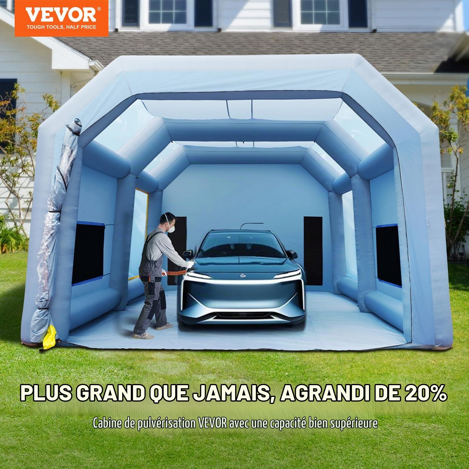 VEVOR Cabine de Peinture Gonflable 10x6x4 m Tente Peinture Gonflable Automobile en Tissu Oxford 210D avec Système de Filtration 2 Souffleurs Station de Travail pour Pose de Peinture Atelier Garage