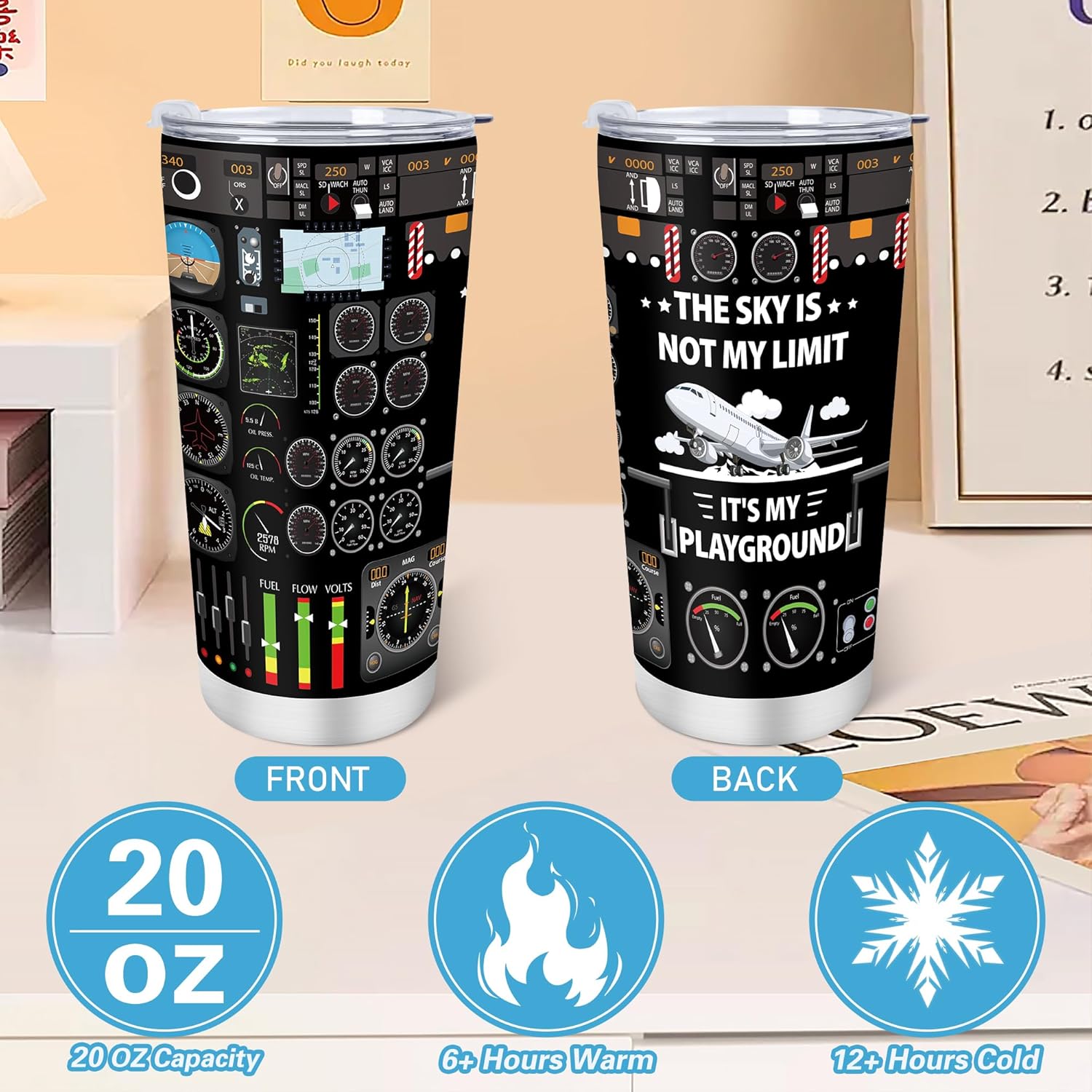 Pilot Aviation Gifts for Men - 2Pcs Pilot Gifts Set, 20Oz Insulated Tumbler, Airplane Keychain, Christmas Graduation Retirement Birthday Presents for Aviation Lovers Son Husband Dad - Image 3