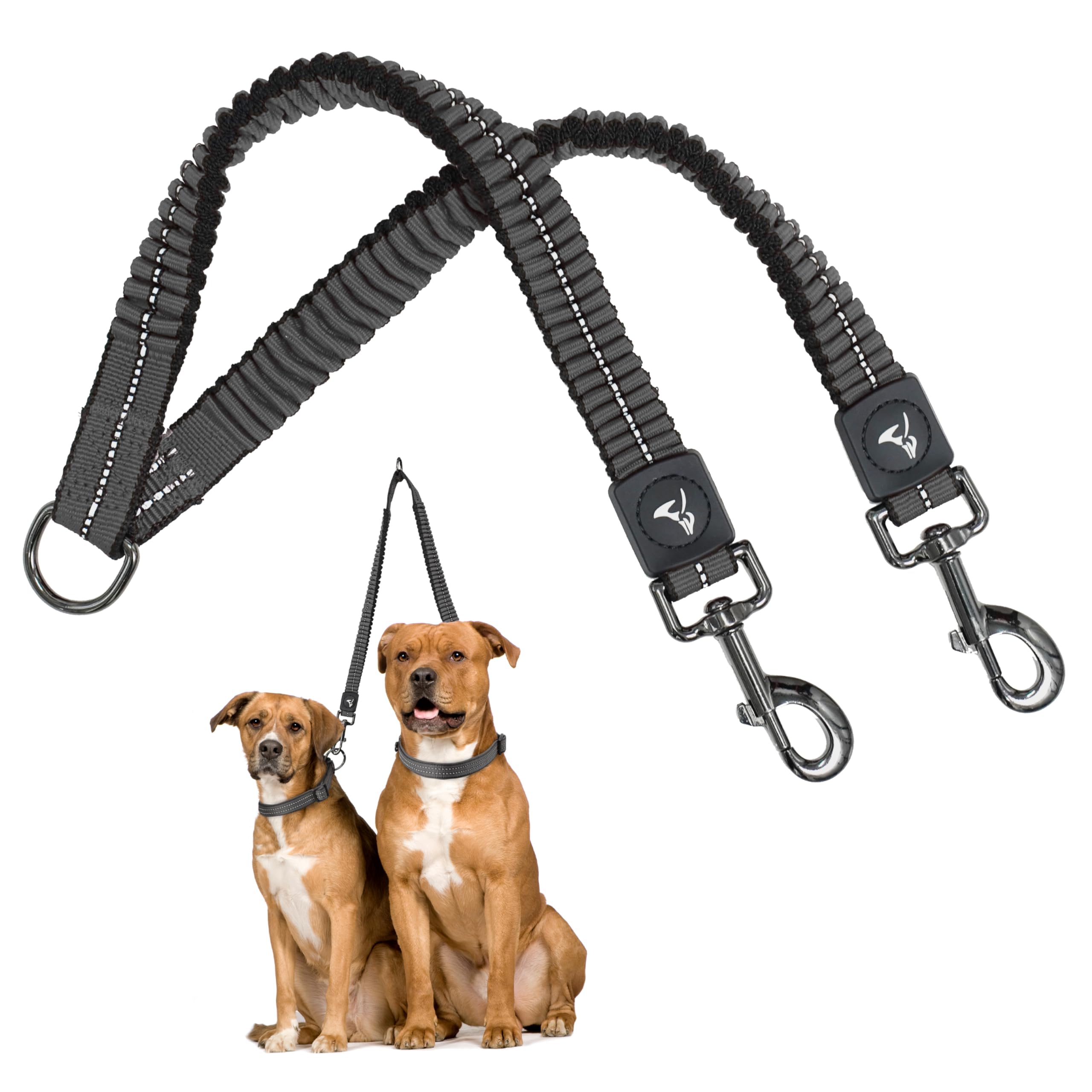Kruz Double Dog Leash for Two Dogs (Width - 5/8”, Length 14”-27”) Dual Leash Coupler with Tangle-Free Swivel, Shock-Absorbing Reflective Bungee for Comfortable Walking & Training (Grey, Small)