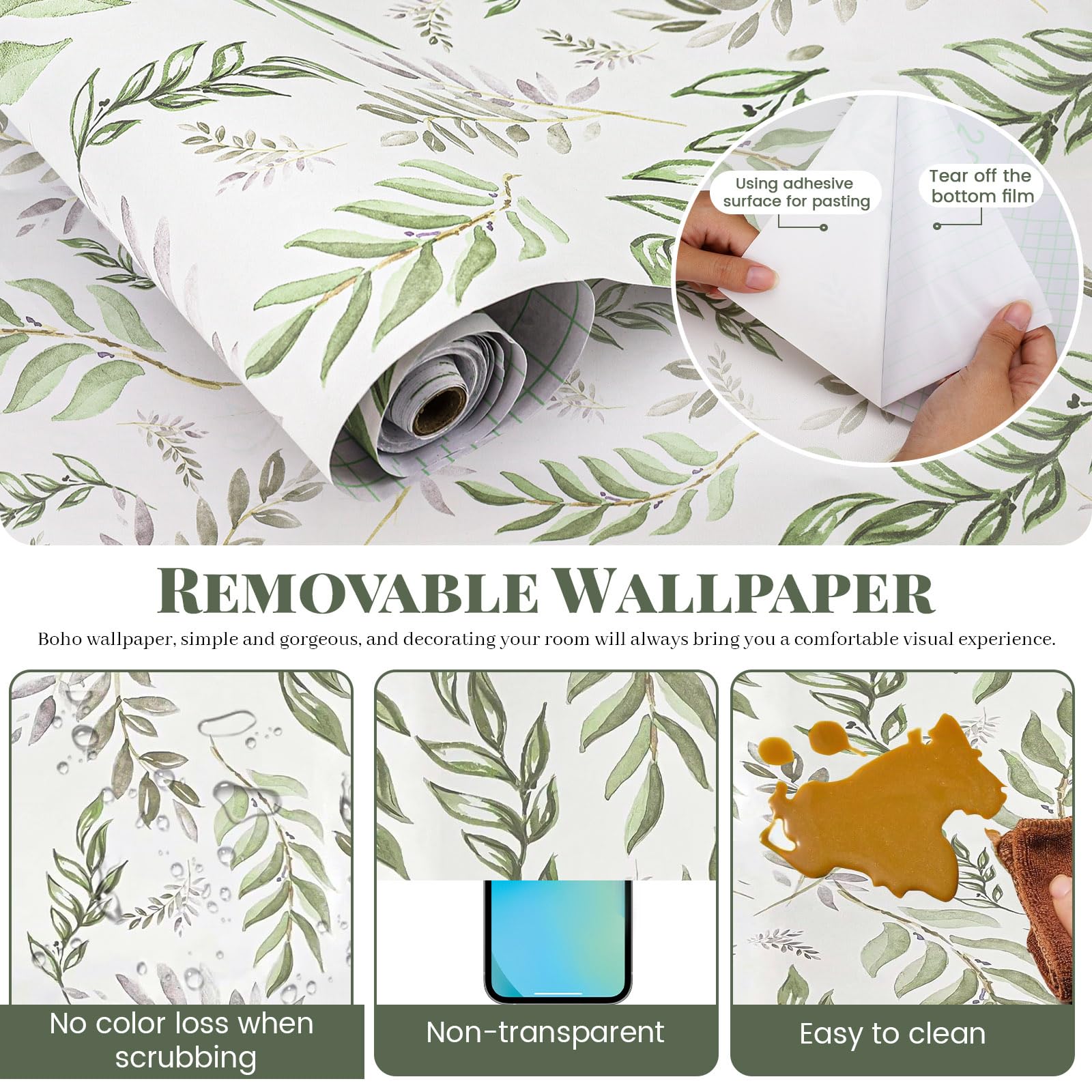 Betinyar Green Leaf Wallpaper Peel and Stick 17.5" x 393" - Image 3