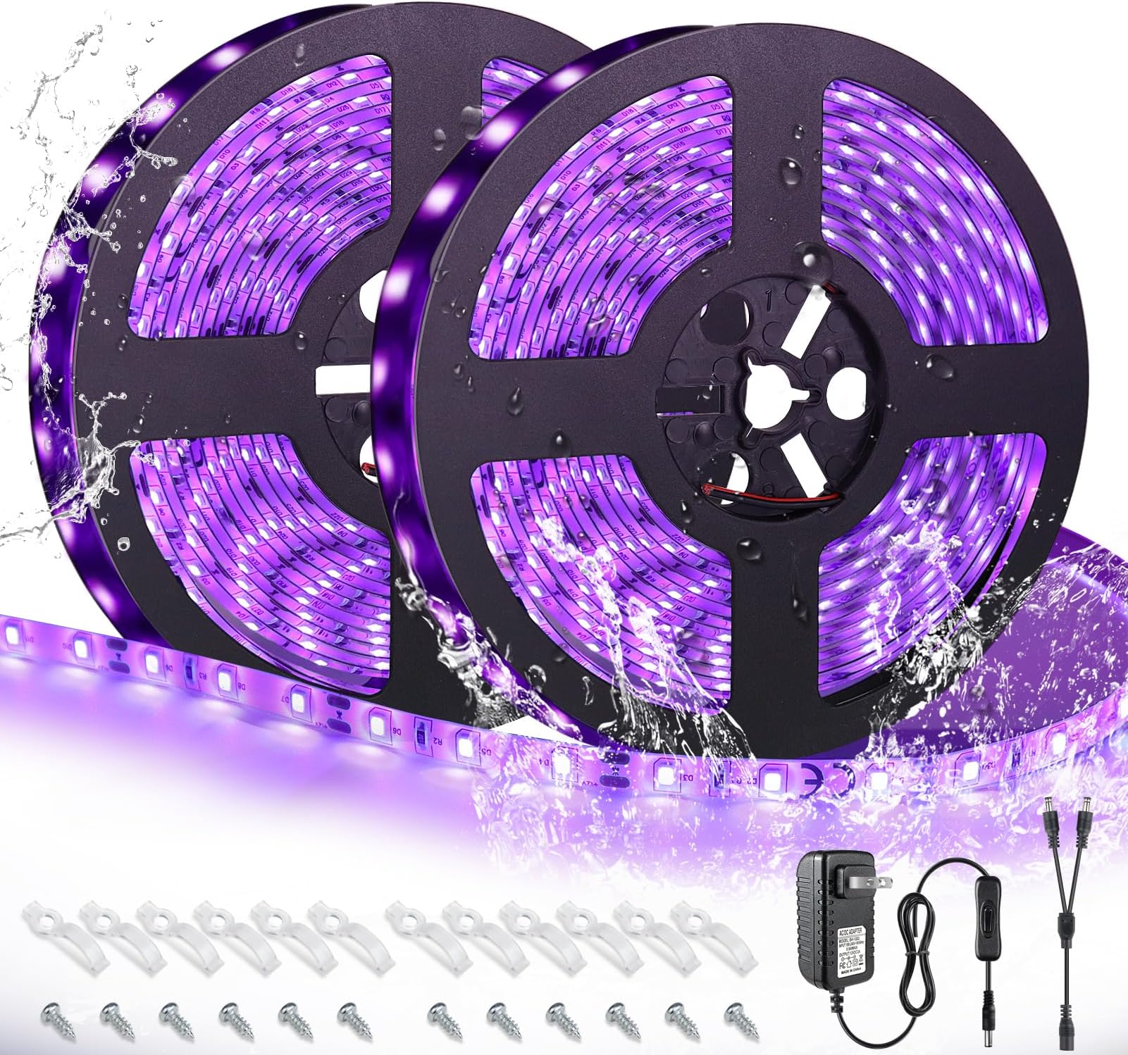 LightingWill LED UV Black Light Strip Kit, Ultraviolet Waterproof IP65 32.8FT/10M 3528 600LEDs, 395nm-405nm Blacklight for DJ Bar Club Party Decor Night Fishing with 12V Power Supply