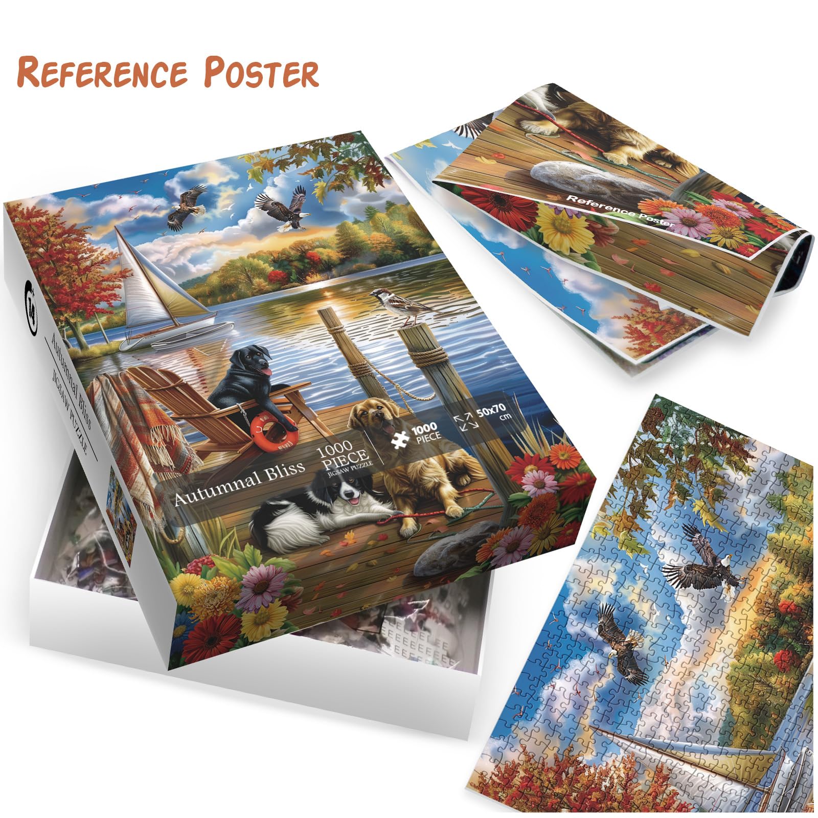 Autumn Lake Puzzle 1000 Teile – Herbstmotiv Mit Hunden, 50x70 Cm, Inkl. Poster