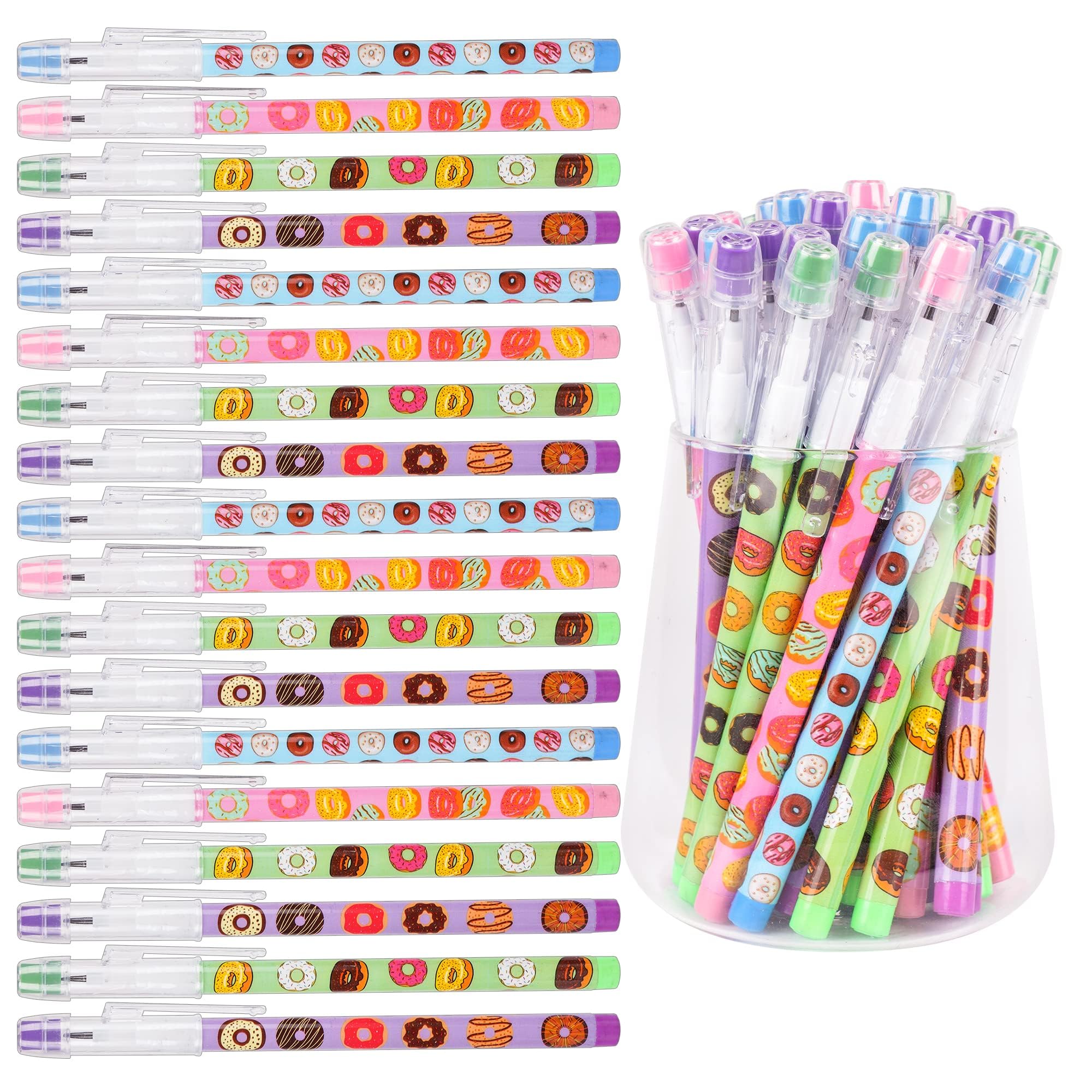 Kolewo4ever 48pcs HB Donuts Pencils Kawaii Cute Multipoint Pencil Push Translucent Non Sharpening Stackable Pencils Pop Up Plastic Pencil for Classroom Rewards Carnival Prizes (Donuts)
