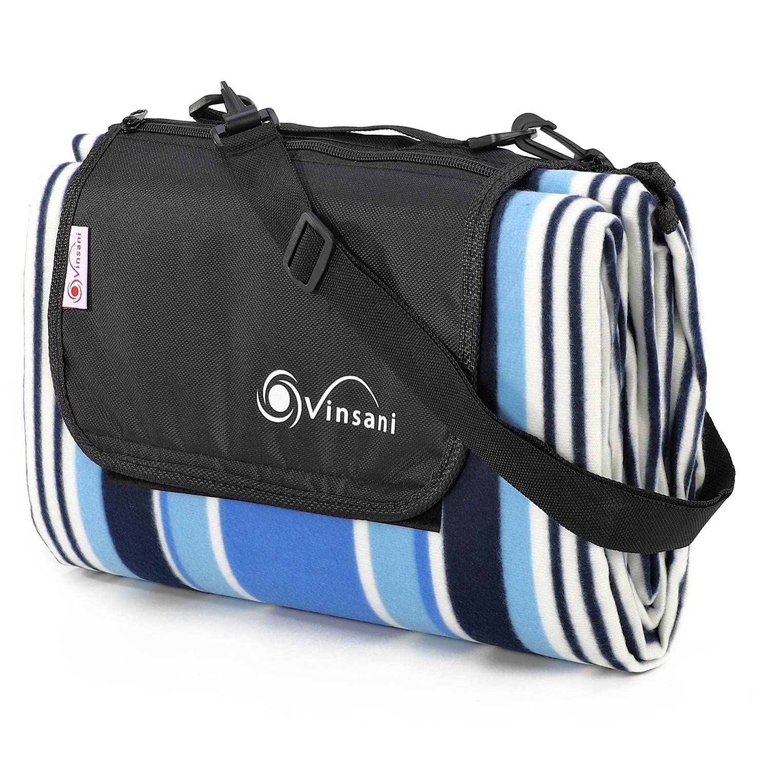 Vinsani Foldable Picnic Blanket 170 x 130 cm - Anti-Slip, Durable Waterproof & Sand Proof Outdoor Rug Mat for Camping, Beach, Hiking, Park & Garden, Easy to Carry, Machine Washable | Blue Stripe