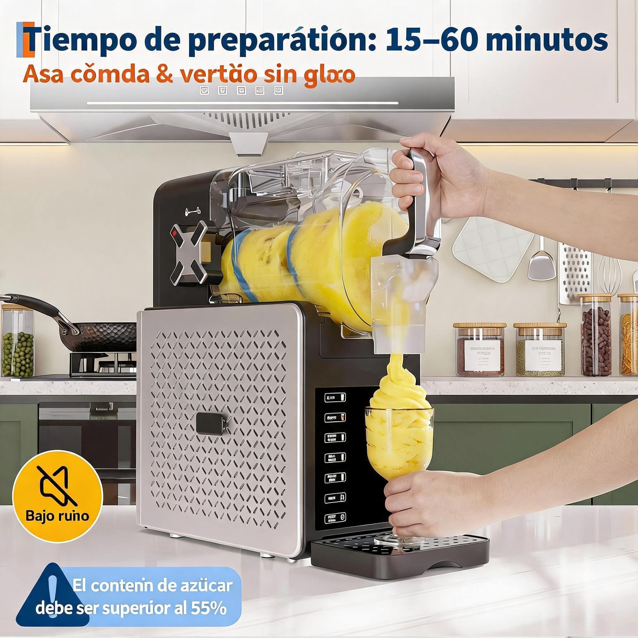 Máquina de granizados 1,9L - 5 programas automáticos - Pantalla LED - 200W, 120V/60Hz - Autolimpieza y bandeja de goteo 400ml - Funcionamiento silencioso (<45dB) - Mantiene bebidas frías hasta