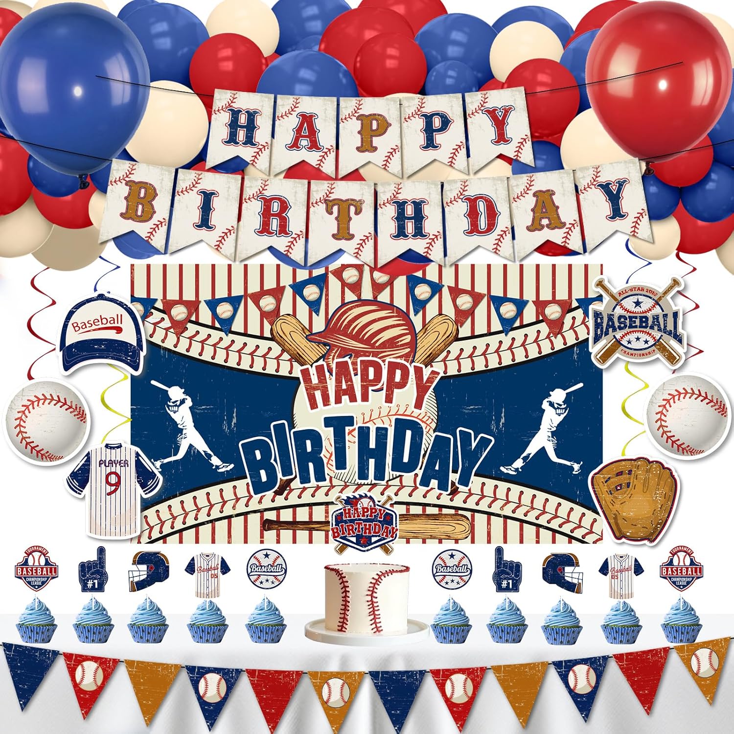 Baseball Birthday Decorations,Baseball Happy Birthday Banner Backdrop,Balloons,Cupcake,Cake Toppers,Hanging Swirls for Boys Girls Kids Men Women Vintage Sport Theme Party Supplies Decor