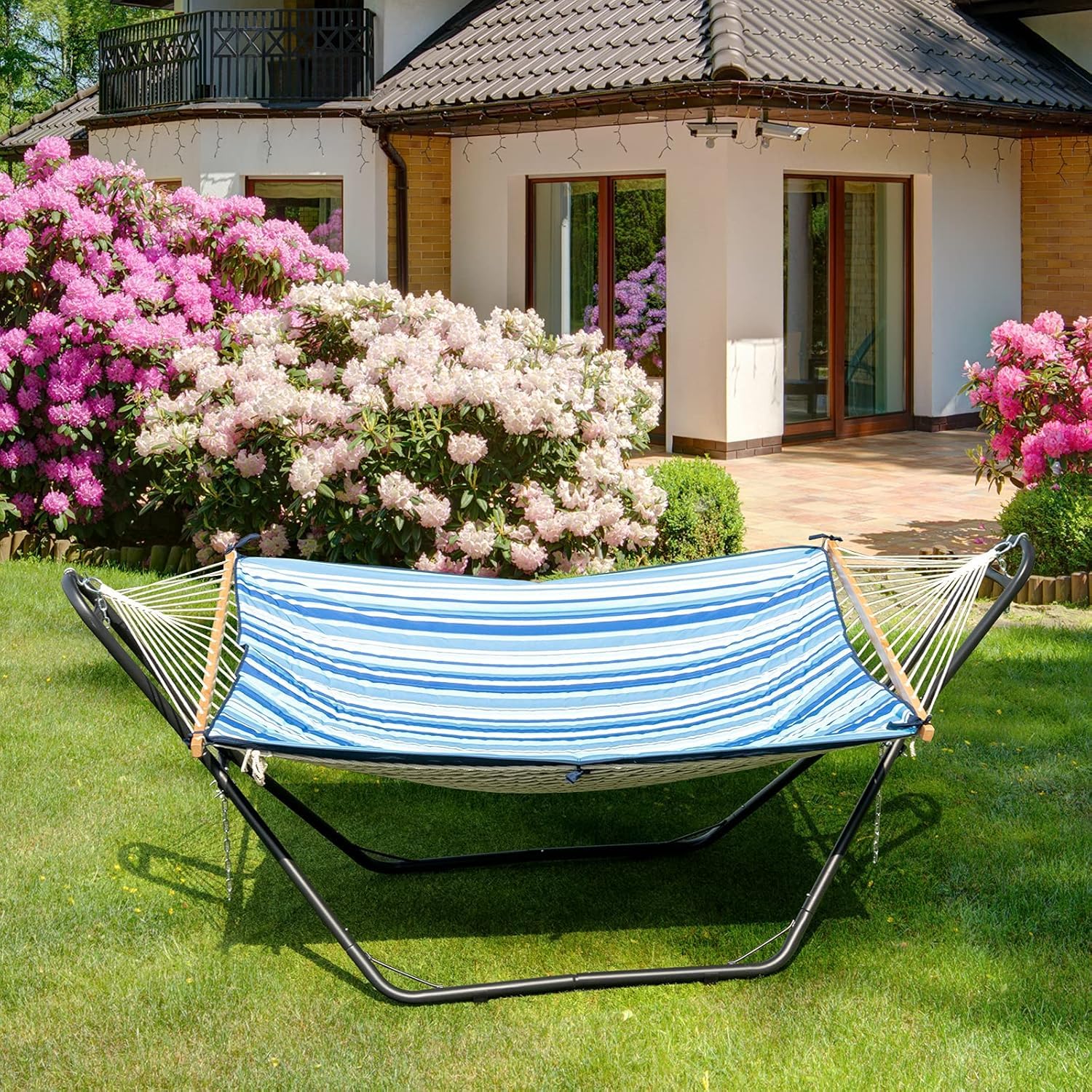 RELAX4LIFE Soporte Hamaca con 2 Ganchos y 2 Cadenas Ajustables, Soporte para Hamaca 2,75-3,6m de Largo con 4 Pies de Plástico para Jardín, Terraza y Salón, Carga 200kg, 280x90x115cm, Negro