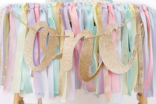 Miniatura 3 de Juego de silla alta de primer cumpleaños de arcoíris mágico para niñas (sombrero de corona, adorno de pastel, pancarta, guirnalda)