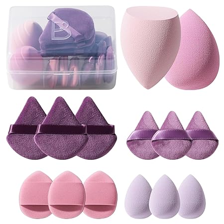 Makeup Sponge Set BS-MALL Triangle Puff 14 Pcs for Liquid, Cream, and Powder, Multi-colored Makeup Sponges and Mini Sponge with Case (A-Purple)