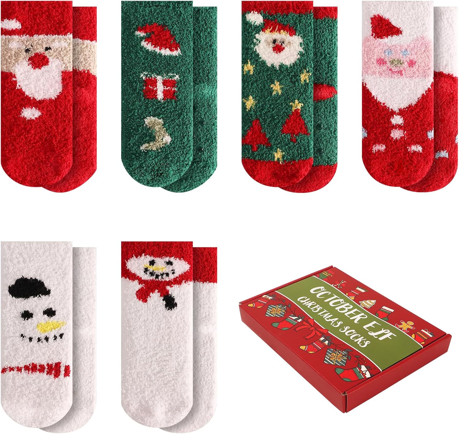 October Elf Christmas Fuzzy Socks for Kids Plush Cartoon Non Slip Slipper Winter Warm Fleece Socks with Gift Box Pack of 6