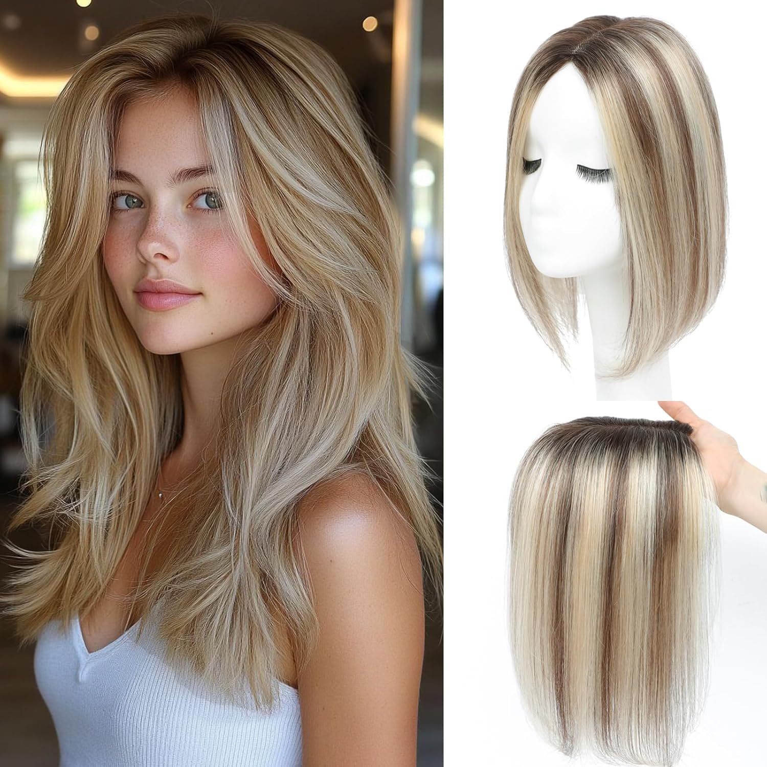 12Inch Hair Toppers for Women Real Human Hair Topper with ThinningHair 120% Density 4x4.8inch Upgrade Large Swiss Base 40g Human Hair Toppers(Dark Brown)