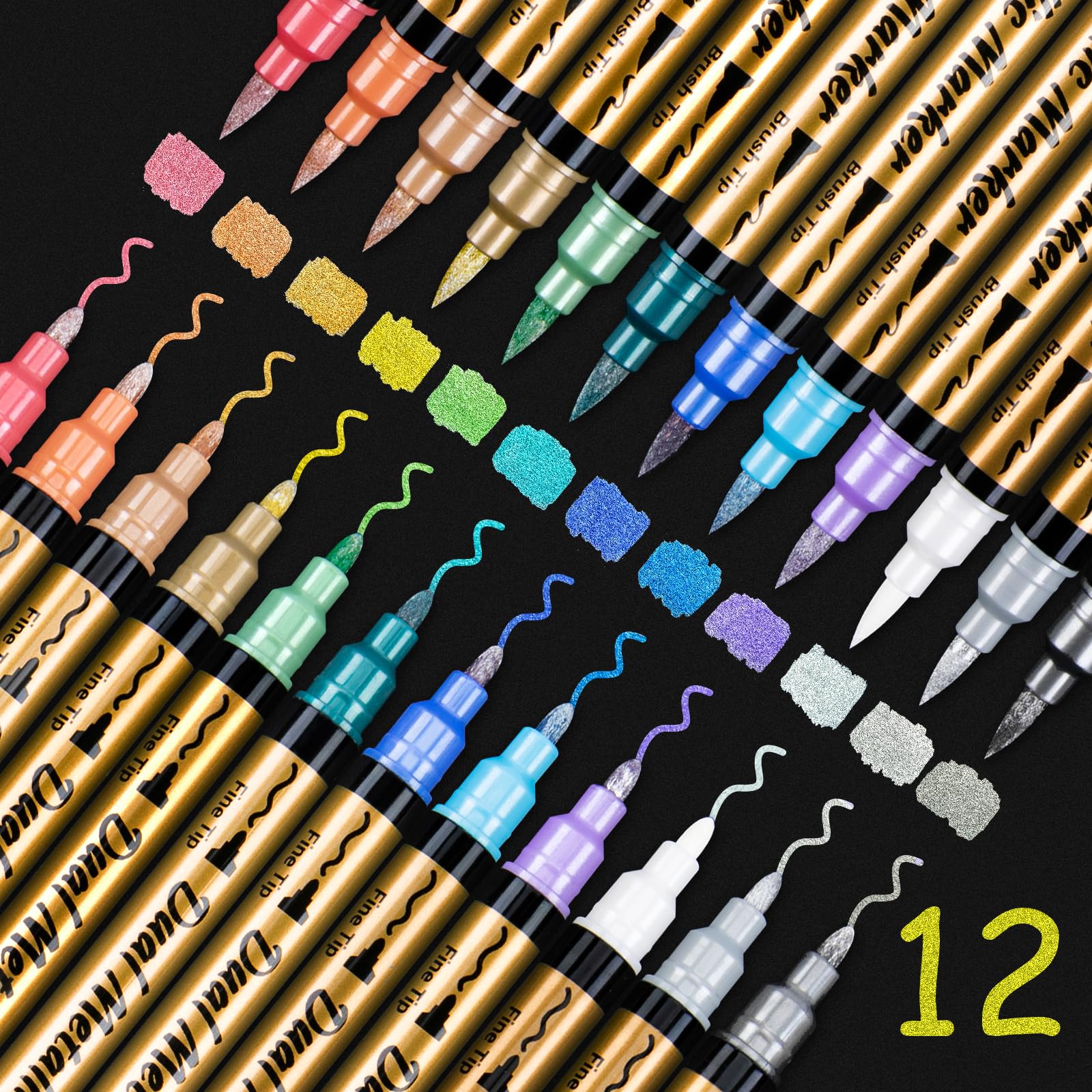 AOSUCO Metallic Stifte - 12 Farben Dual Tip Metallic Marker Stifte Set für Fotoalbum zum Selbstgestalten, Gästebuch Hochzeit, Gästebuch Geburtstag, Scrapbook, Schwarzes Papier, Steine, Holz Bemalen