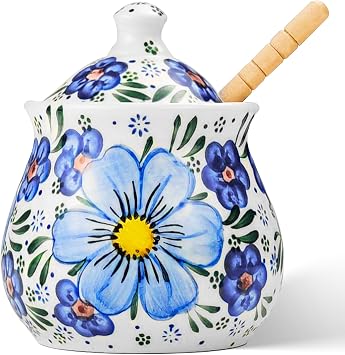 Ceramic Honey Pot with Dipper and Lid,10oz Handpainted Honey Dispenser with Flowers,No drip, Honey Jar Easy CleanA