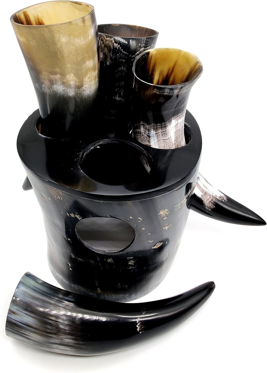 5MOONSUN5's The Original Handcrafted Authentic Viking Drinking Horn set Tankard for Beer, Mead, Ale – Medieval Inspired Stein Mug – Food Safe Vessel With 4 shot glass and stand