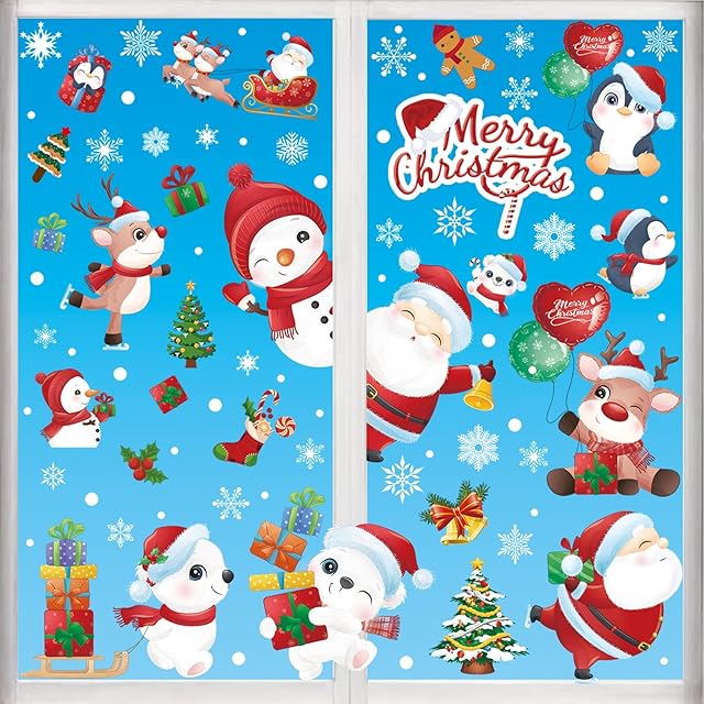 Large Christmas Window Stickers Reusable, Eco-Friendly Window Clings Sticker Double-Side Snow Flakes Decal for Xmas Christmas Theme Party Window Decoration